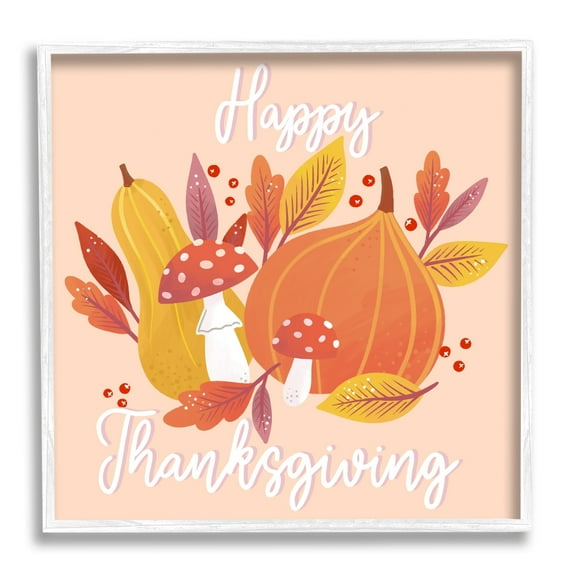 Stupell Industries Happy Thanksgiving Whimsical Autumnal Mushroom Botanicals Graphic Art White Framed Art Print Wall Art, Design by Dominika Godette