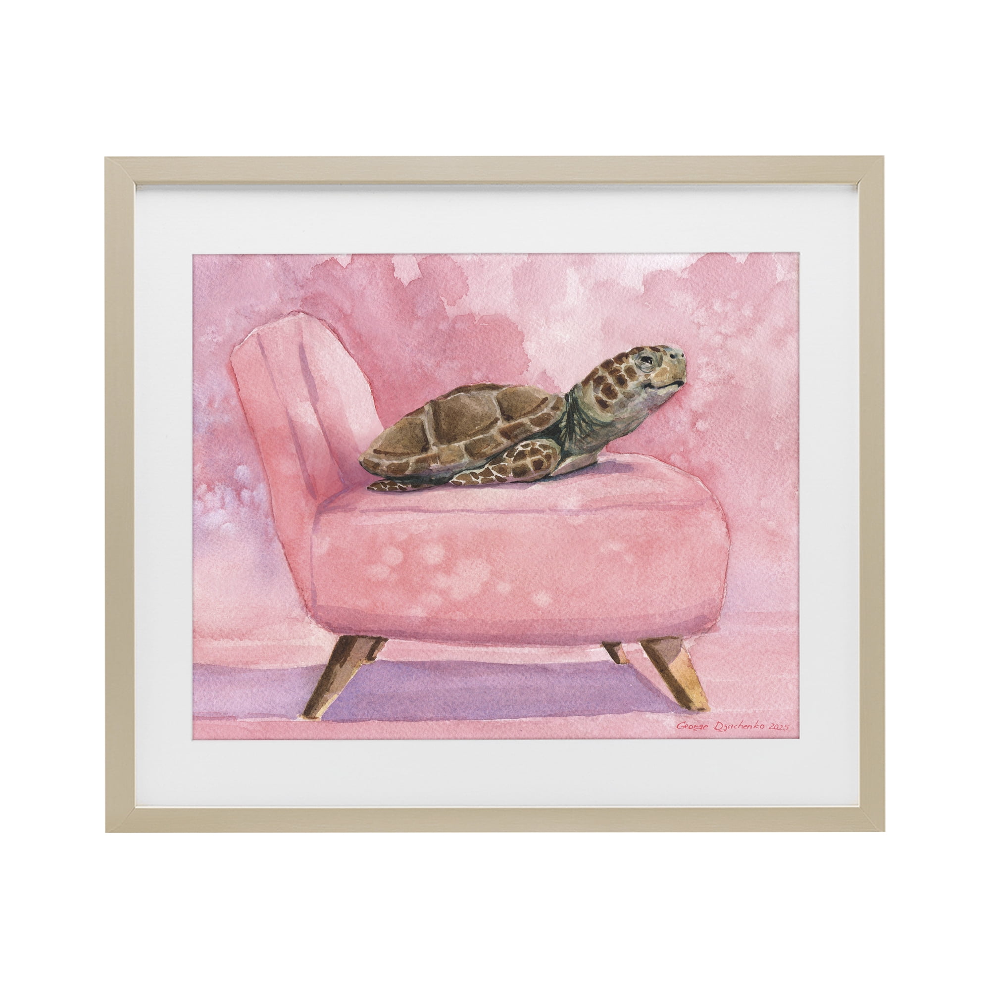 Stupell Industries Happy Turtle on Pink Chair Birch Framed Print Under Glass, design by George Dyachenko