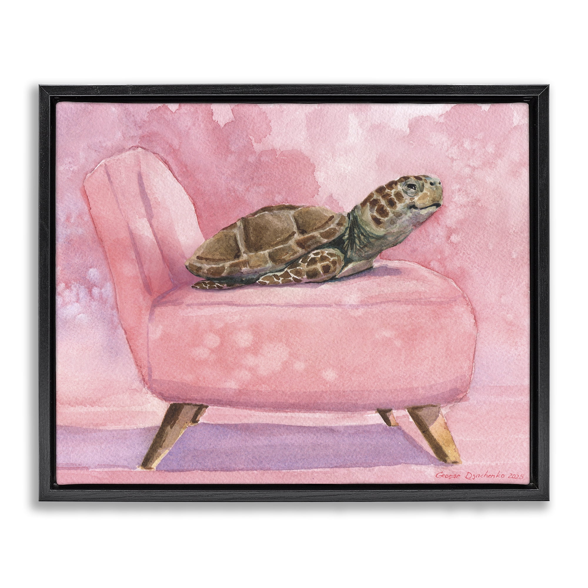Stupell Industries Happy Turtle on Pink Chair Black Framed Floater Canvas Wall Art, design by George Dyachenko