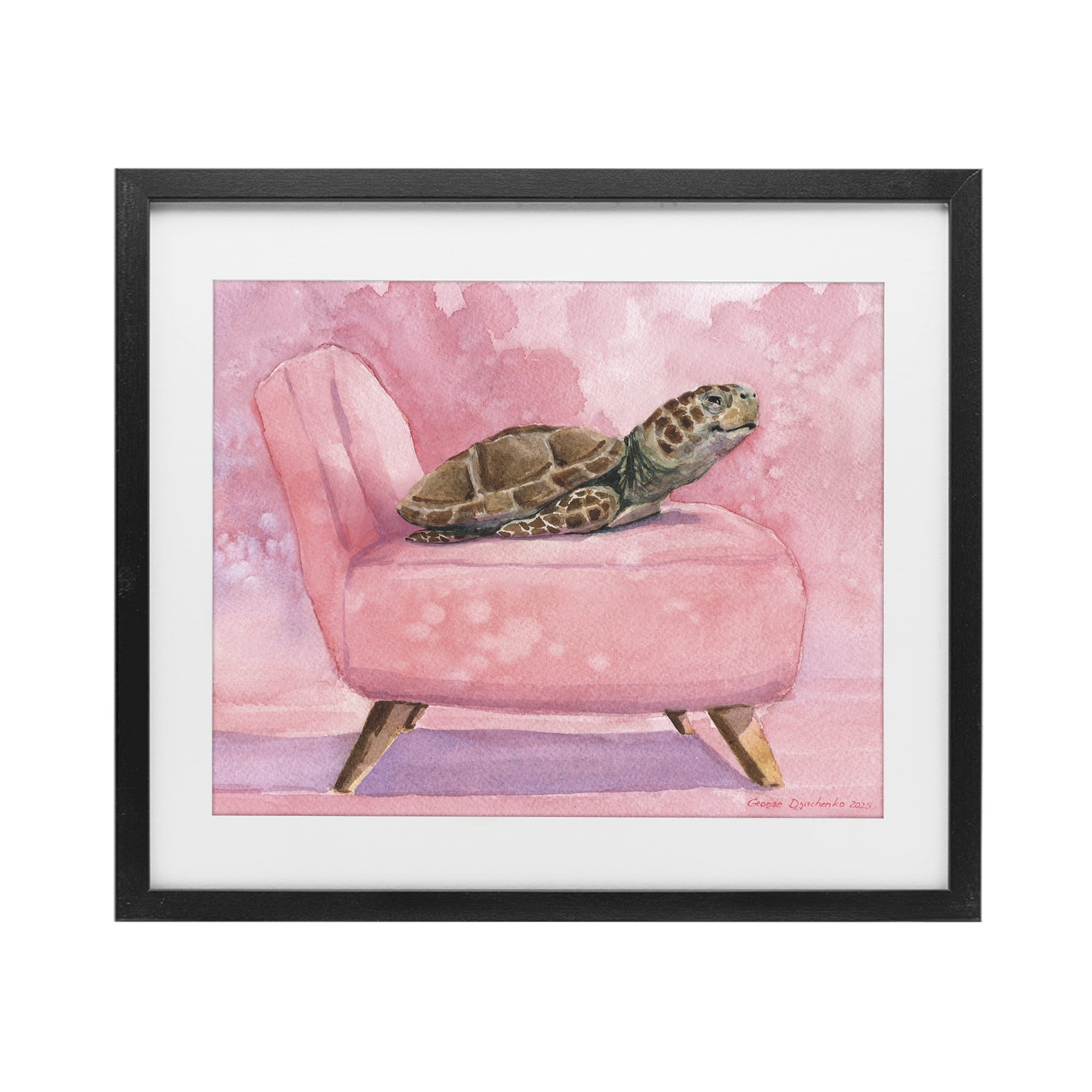 Stupell Industries Happy Turtle on Pink Chair Black Framed Print Under Glass, design by George Dyachenko