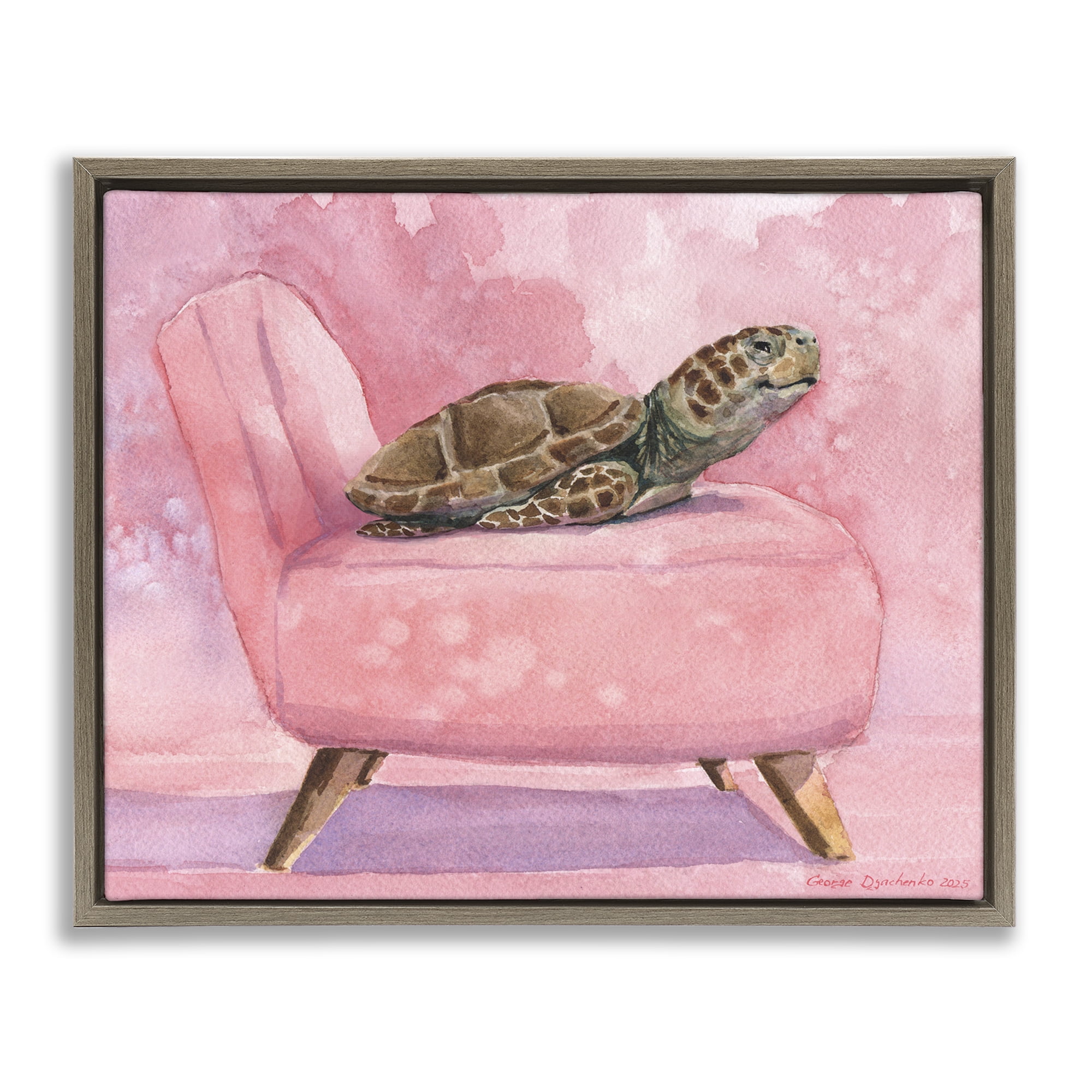 Stupell Industries Happy Turtle on Pink Chair Brown Framed Floater Canvas Wall Art, design by George Dyachenko