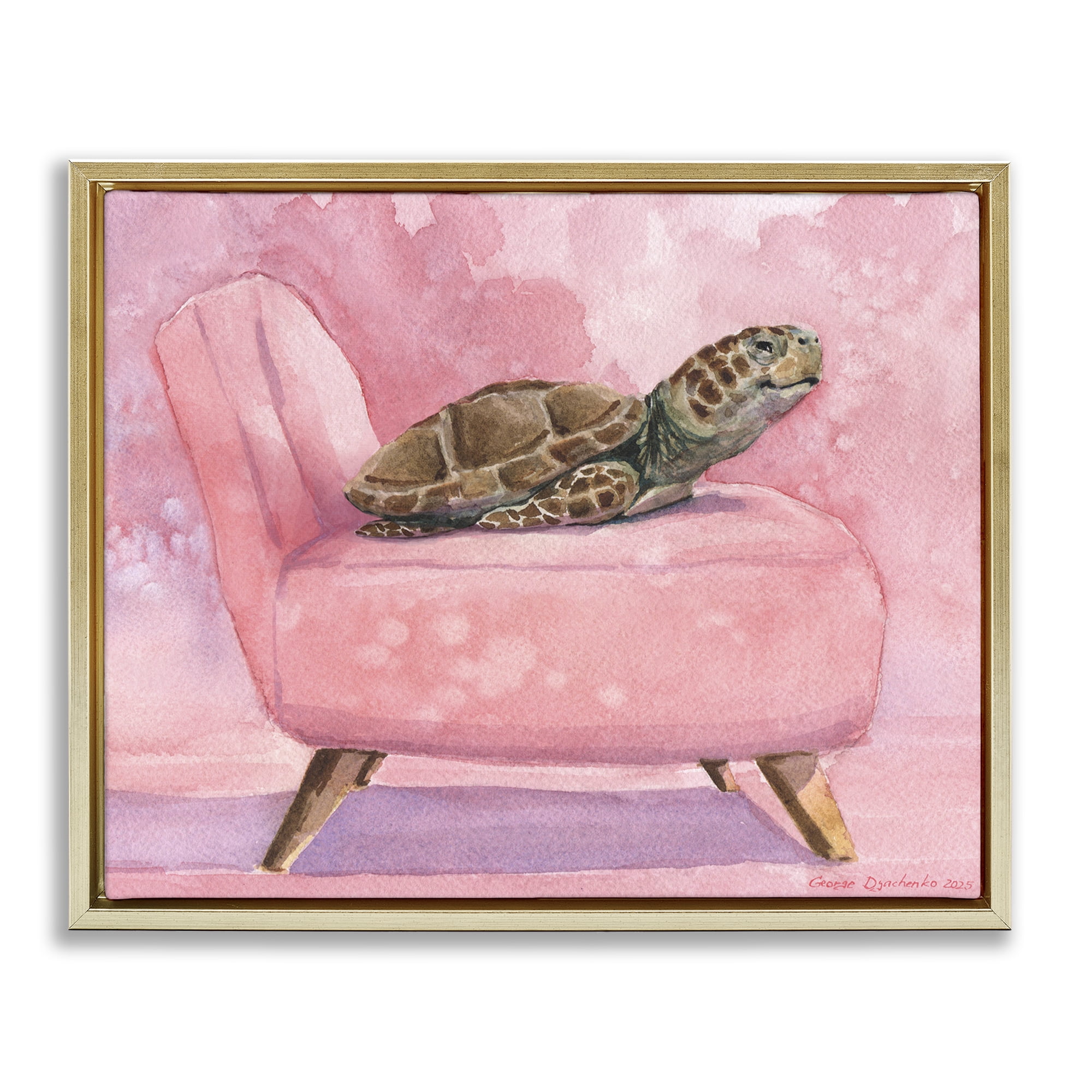 Stupell Industries Happy Turtle on Pink Chair Gold Framed Floater Canvas Wall Art, design by George Dyachenko