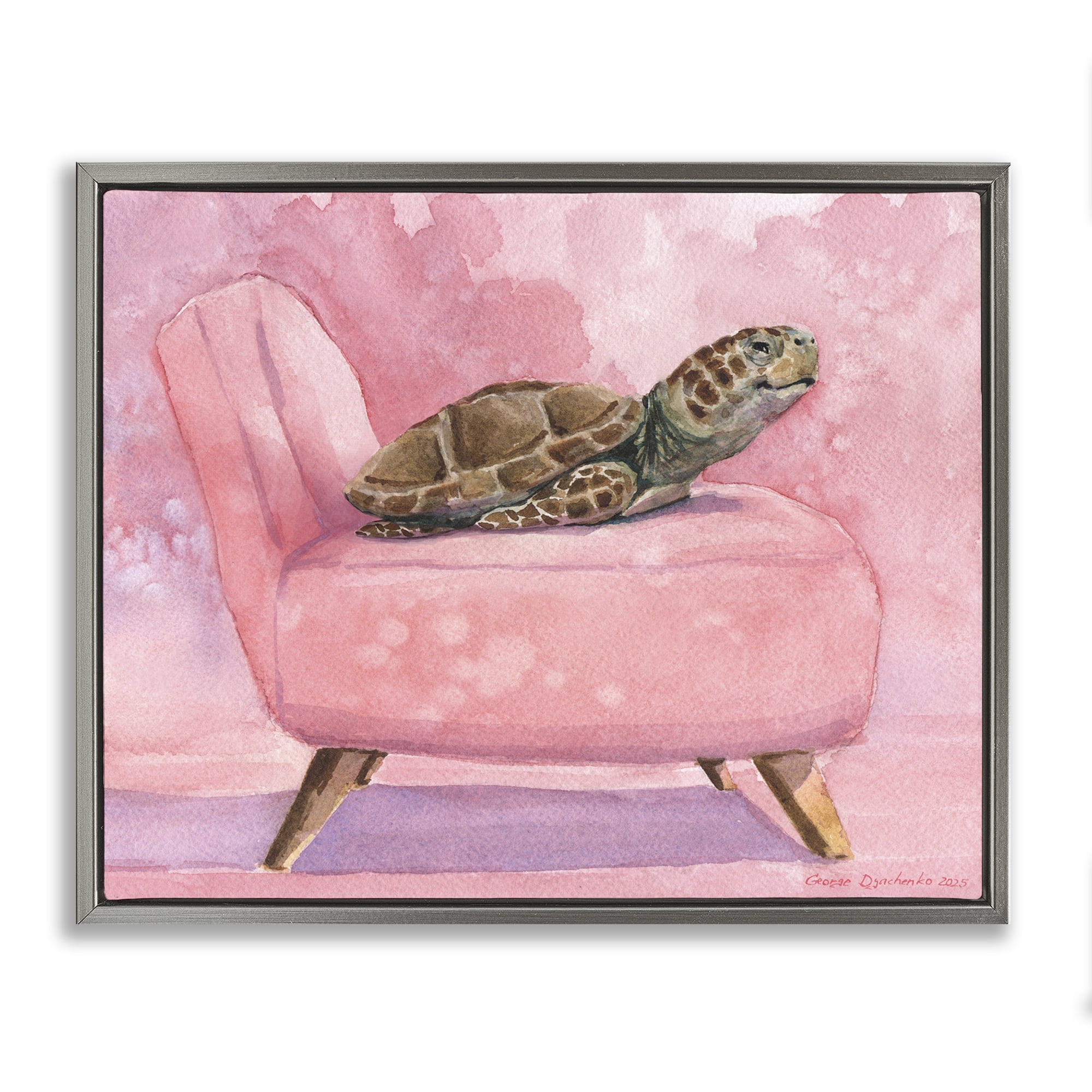 Stupell Industries Happy Turtle on Pink Chair Gray Framed Floater Canvas Wall Art, design by George Dyachenko