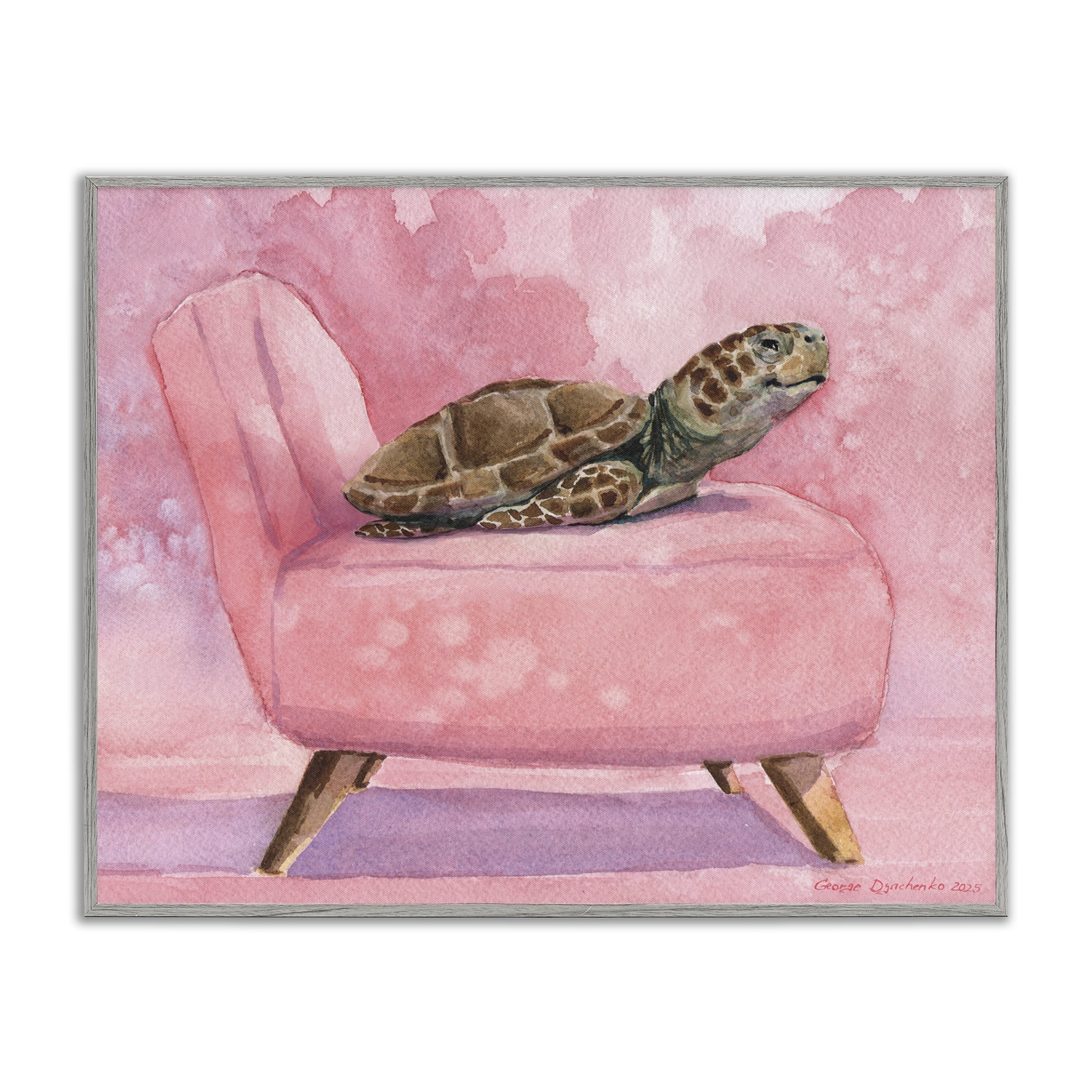 Stupell Industries Happy Turtle on Pink Chair Gray Framed Giclee Art, design by George Dyachenko
