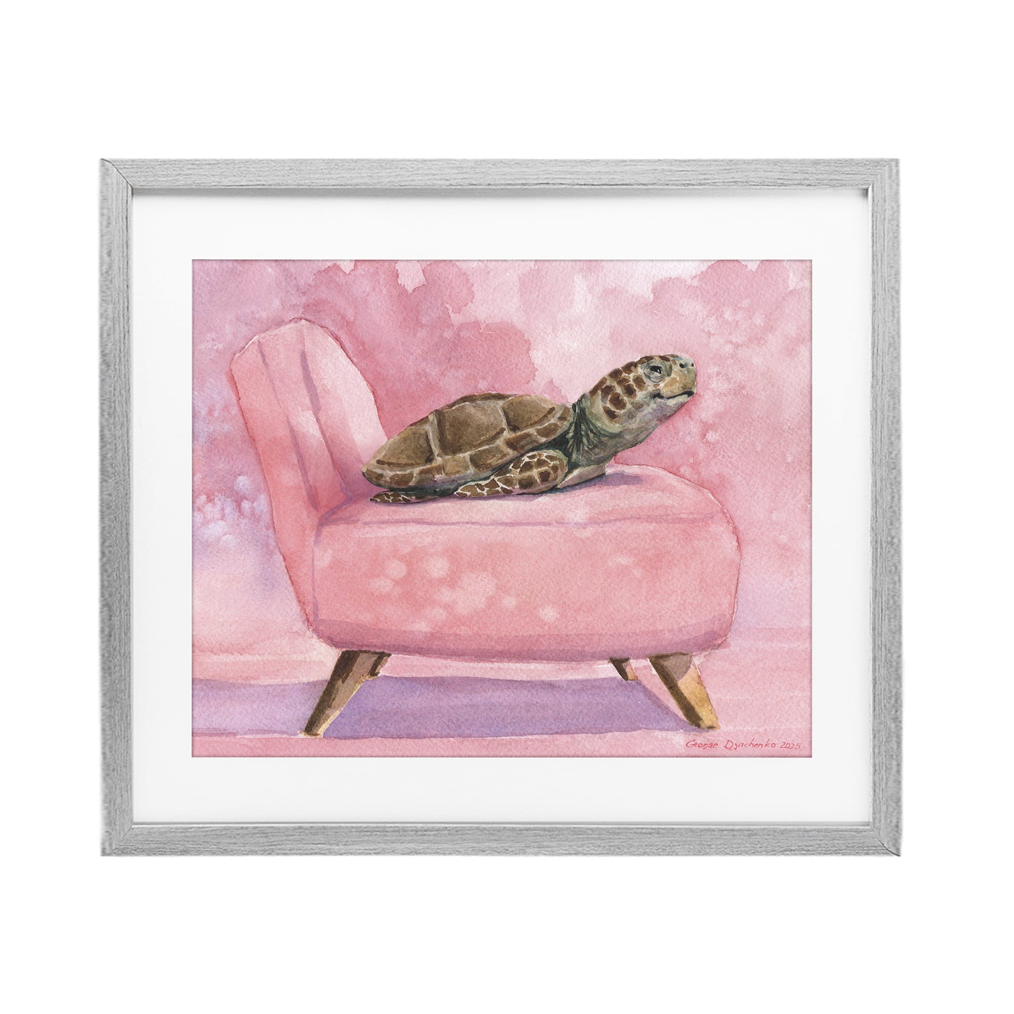 Stupell Industries Happy Turtle on Pink Chair Gray Framed Print Under Glass, design by George Dyachenko