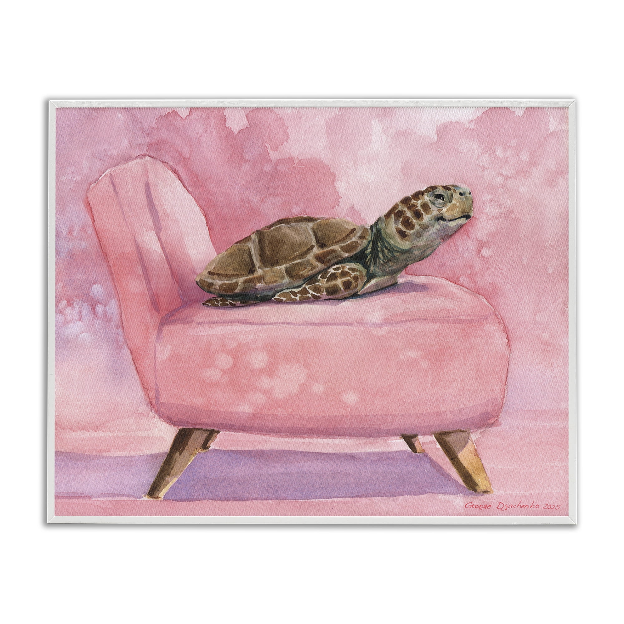 Stupell Industries Happy Turtle on Pink Chair White Framed Giclee Art, design by George Dyachenko