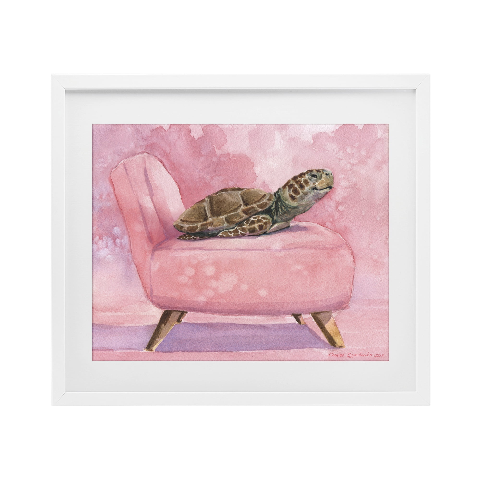 Stupell Industries Happy Turtle on Pink Chair White Framed Print Under Glass, design by George Dyachenko