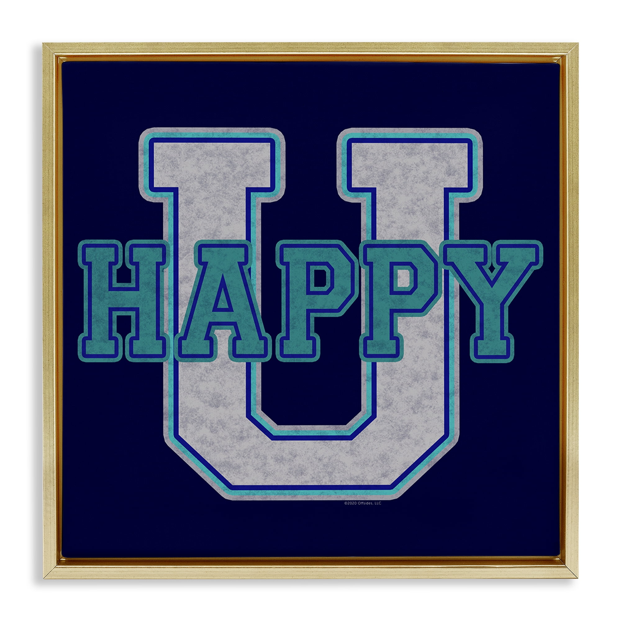 Stupell Industries Happy U Varsity Style Text & Numbers Painting Gold Floater Framed Canvas Art Print Wall Art, 25 x 25
