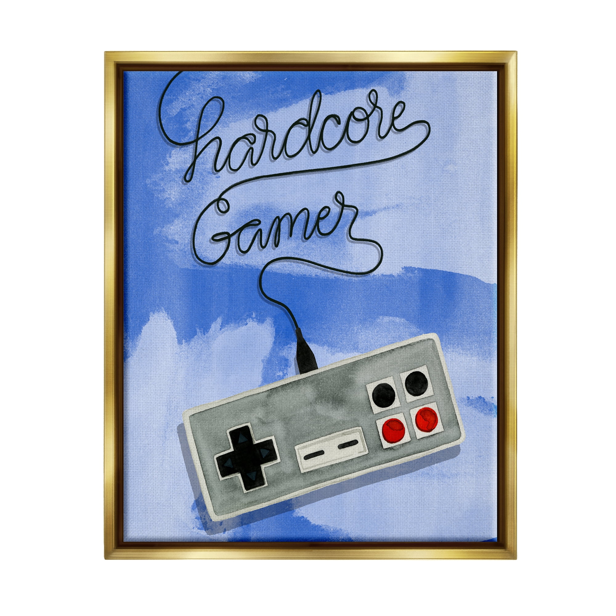 Stupell Industries Hardcore Gamer Blue Controller Art for Kids Painting Gold Floater Framed Art Print Wall Art