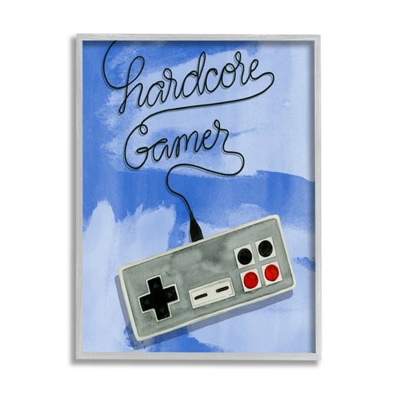 Stupell Industries Hardcore Gamer Blue Controller Art for Kids Painting Gray Framed Art Print Wall Art