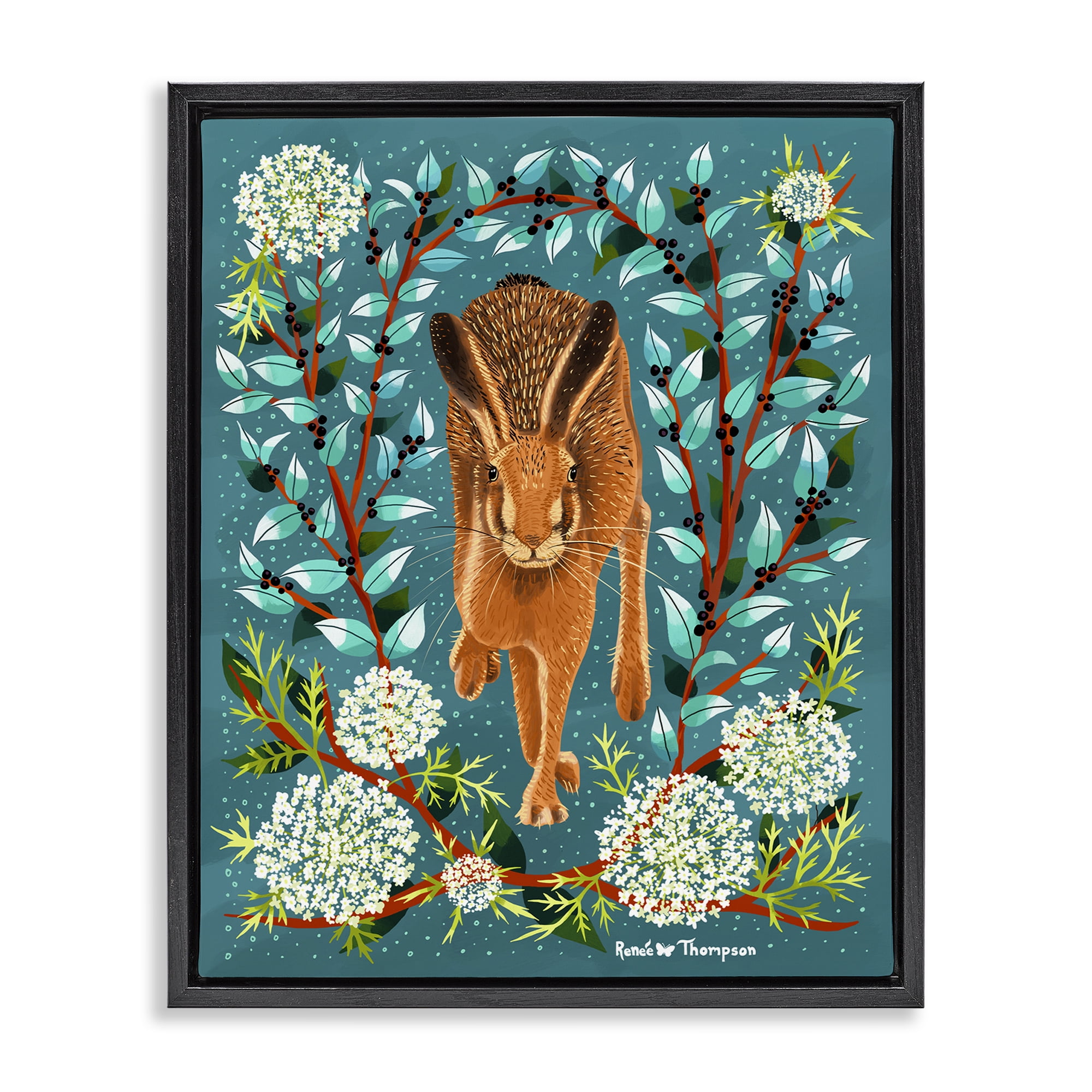 Stupell Industries Hare & Huckleberries Animals Painting Black Floater Framed Canvas Art Print Wall Art, 17 x 21