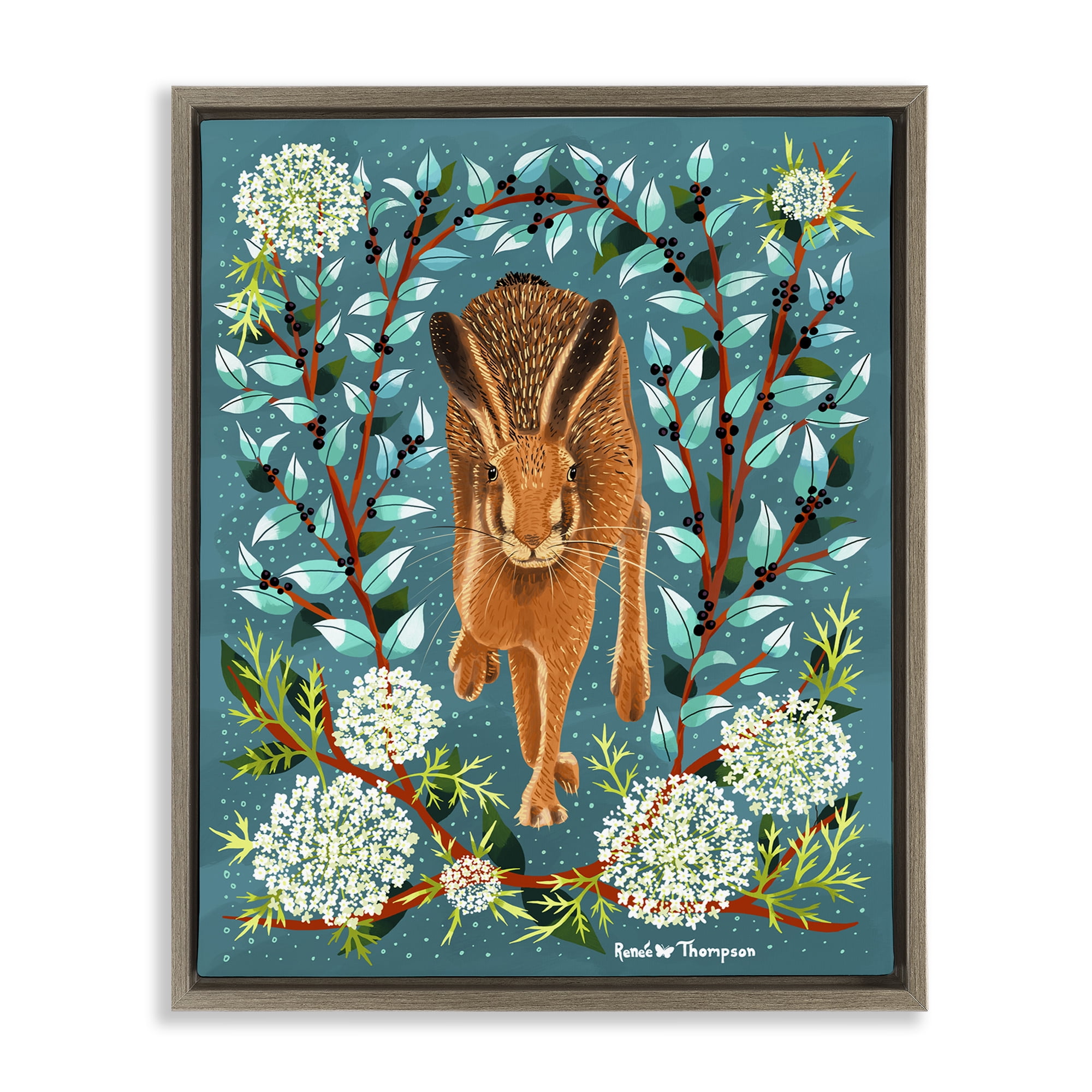 Stupell Industries Hare & Huckleberries Animals Painting Brown Floater Framed Canvas Art Print Wall Art, 25 x 31