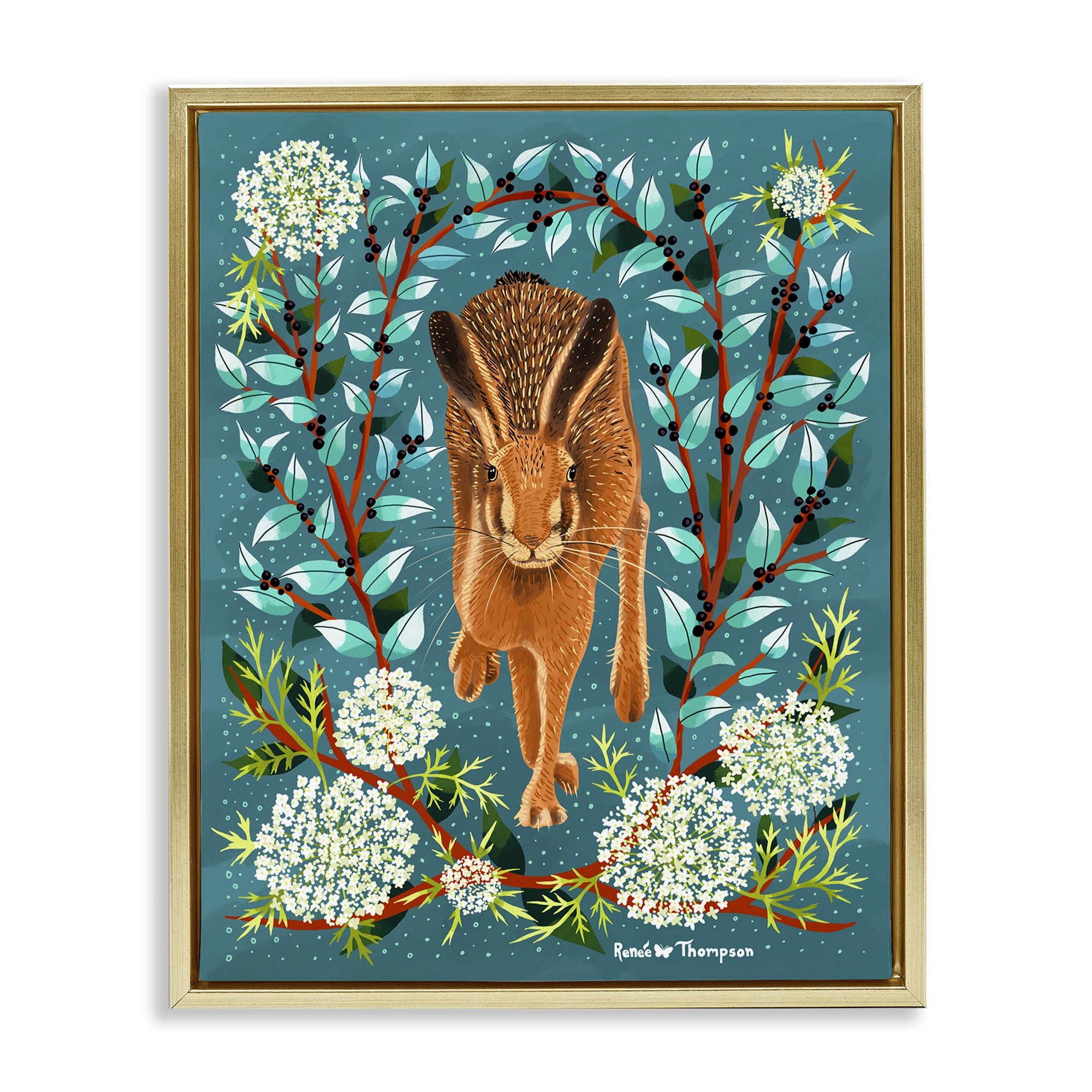 Stupell Industries Hare & Huckleberries Animals Painting Gold Floater Framed Canvas Art Print Wall Art, 25 x 31