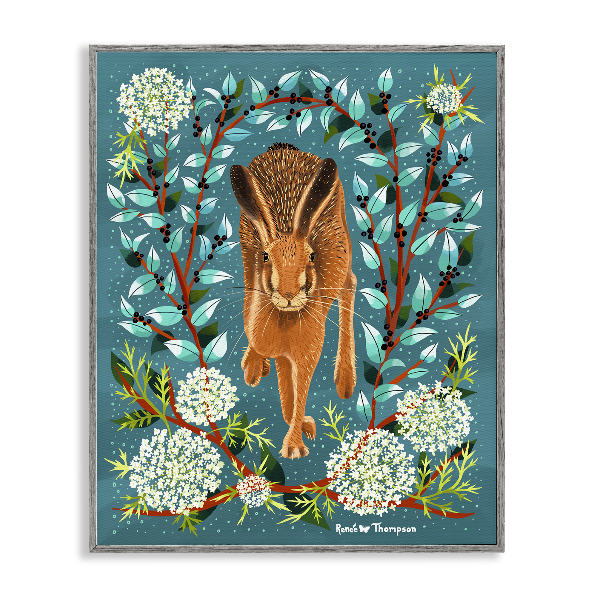 Stupell Industries Hare & Huckleberries Animals Painting Gray Framed Art Print Wall Art, 16 x 20