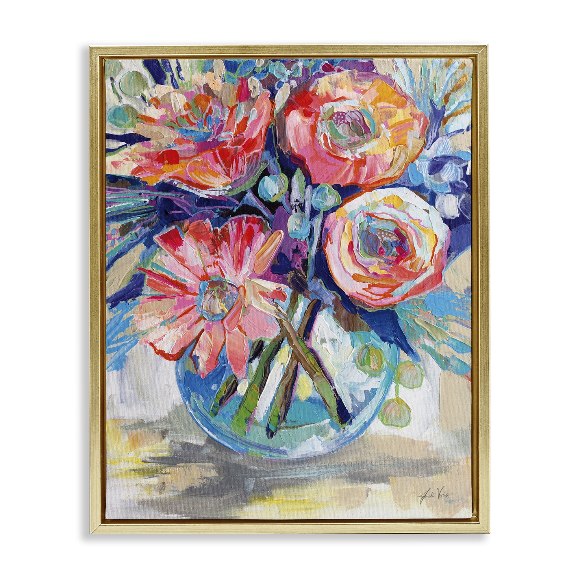 Stupell Industries Harpers Bouquet Flowers Plants & Flowers Painting Gold Floater Framed Canvas Art Print Wall Art, 25 x 31