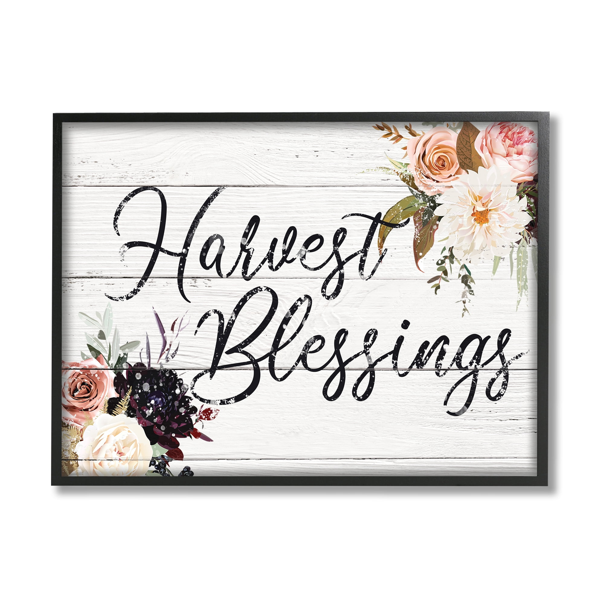 Stupell Industries Harvest Blessings Phrase Pink Peony Floral Arrangements Botanical & Floral Painting Black Framed Art Print Wall Art, 24 x 30