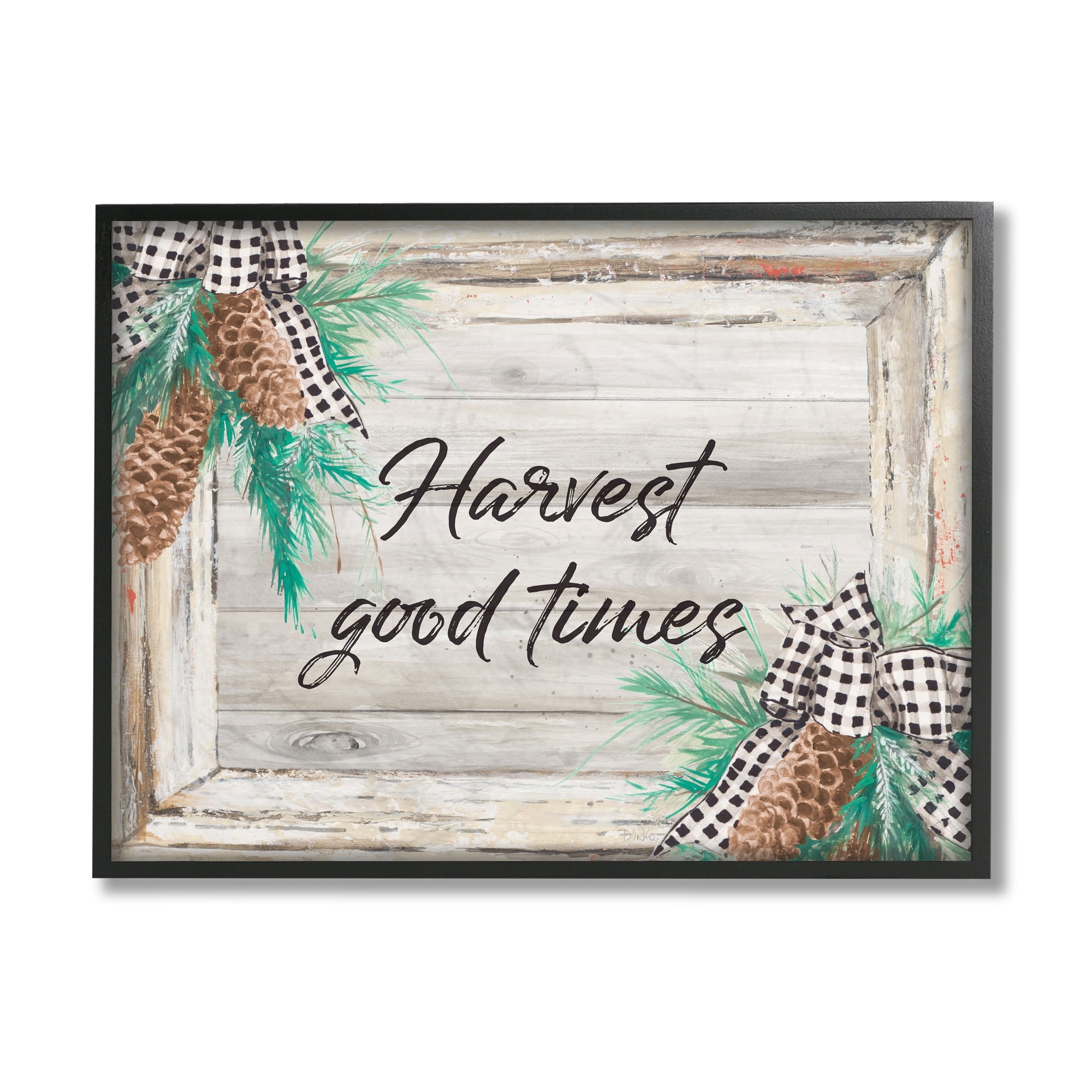Stupell Industries Harvest Good Times Phrase Rustic Pinecone Accents Inspirational Painting Black Framed Art Print Wall Art, 16 x 20