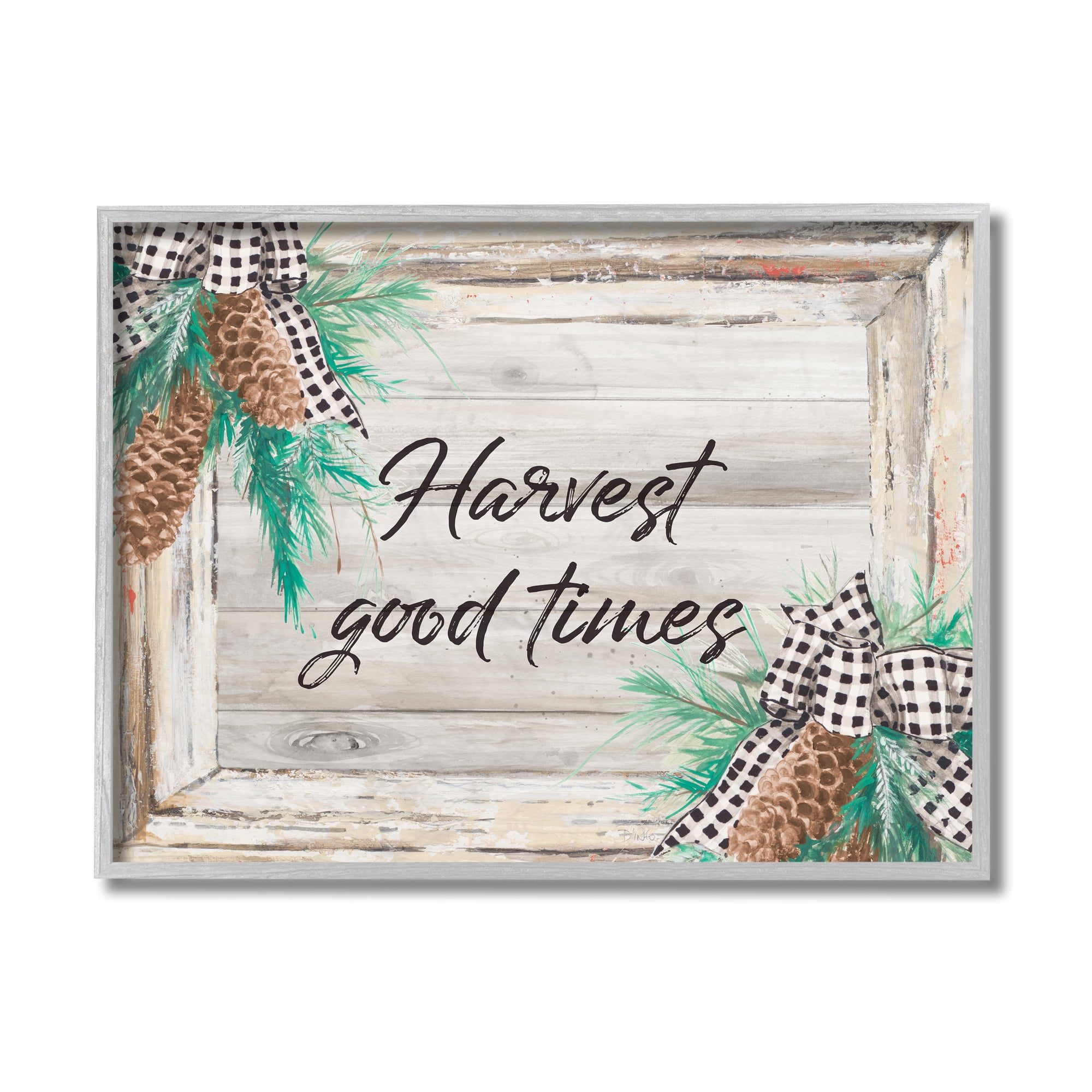 Stupell Industries Harvest Good Times Phrase Rustic Pinecone Accents Inspirational Painting Gray Framed Art Print Wall Art, 11 x 14