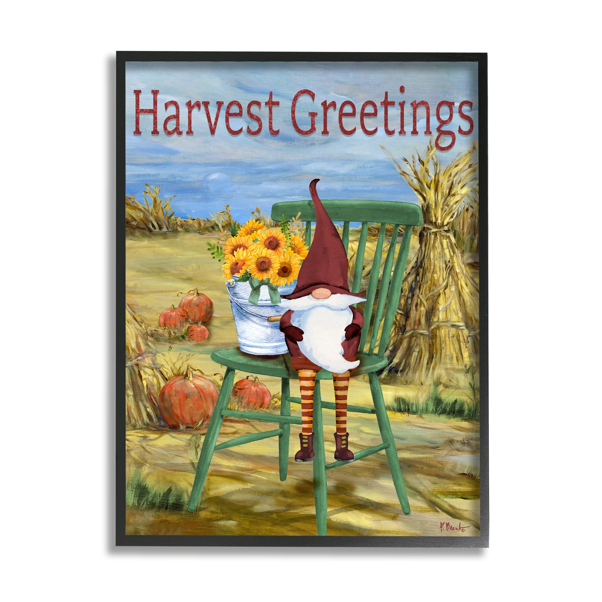 Stupell Industries Harvest Greetings Gnome Landscape Painting Black Framed Art Print Wall Art, 16 x 20