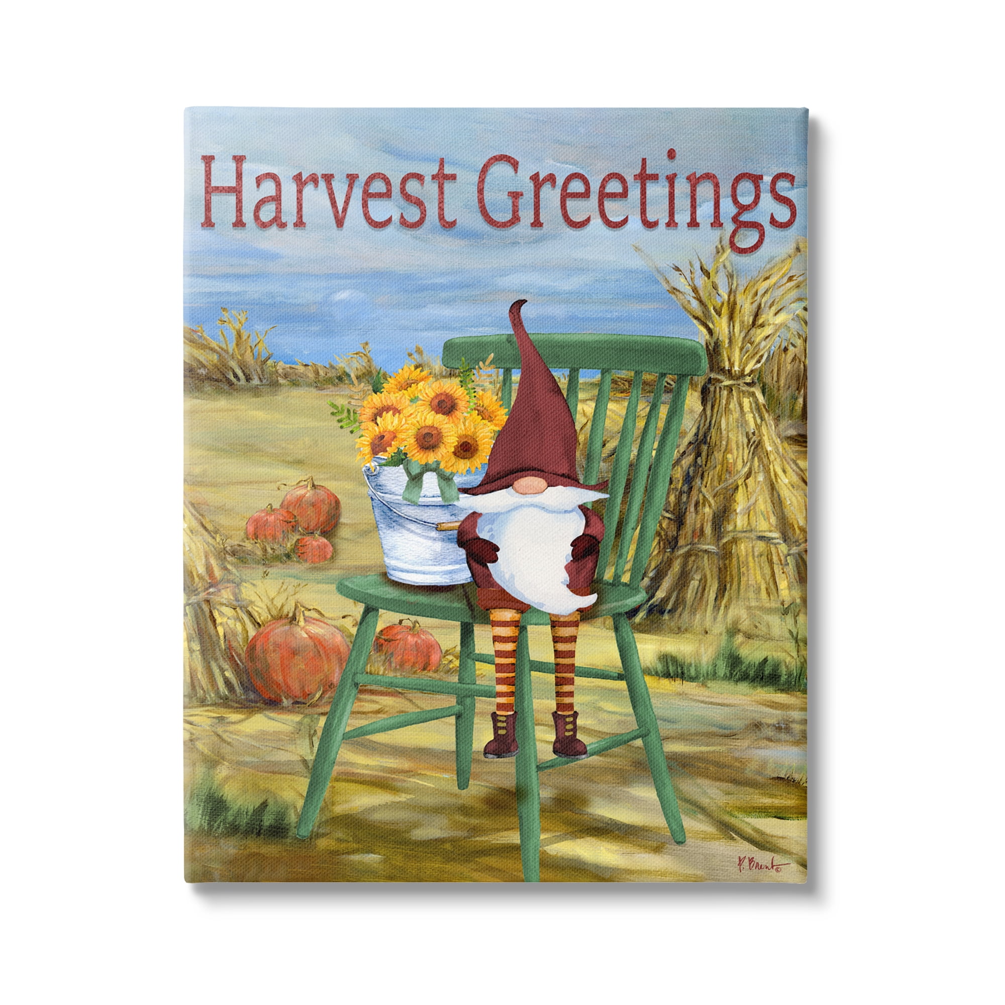 Stupell Industries Harvest Greetings Gnome Landscape Painting Gallery Wrapped Canvas Art Print Wall Art, 16 x 20