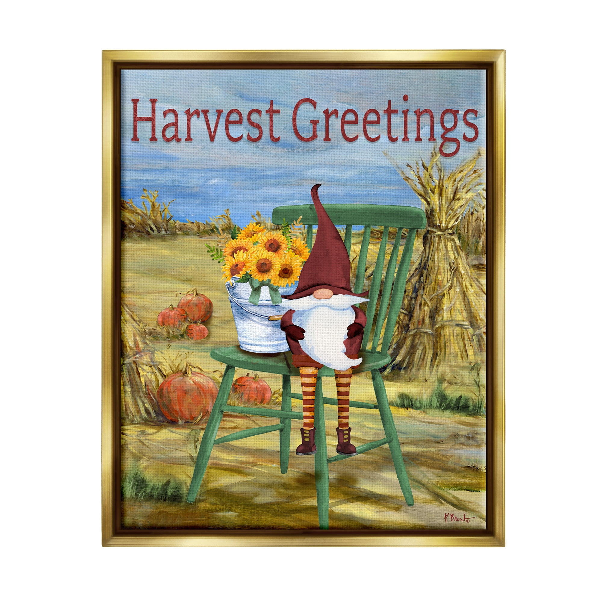 Stupell Industries Harvest Greetings Gnome Landscape Painting Gold Floater Framed Canvas Art Print Wall Art, 17 x 21