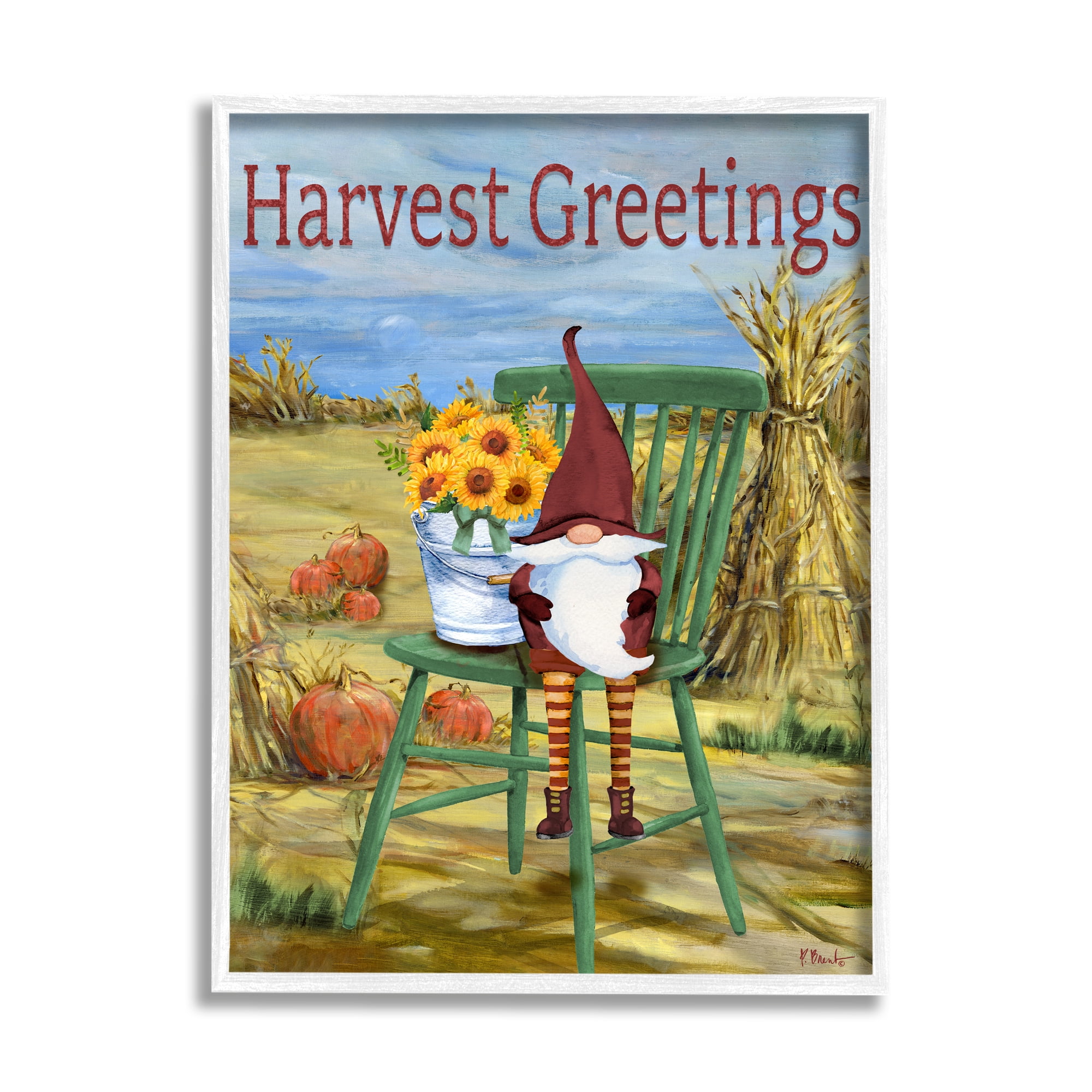 Stupell Industries Harvest Greetings Gnome Landscape Painting White Framed Art Print Wall Art, 16 x 20