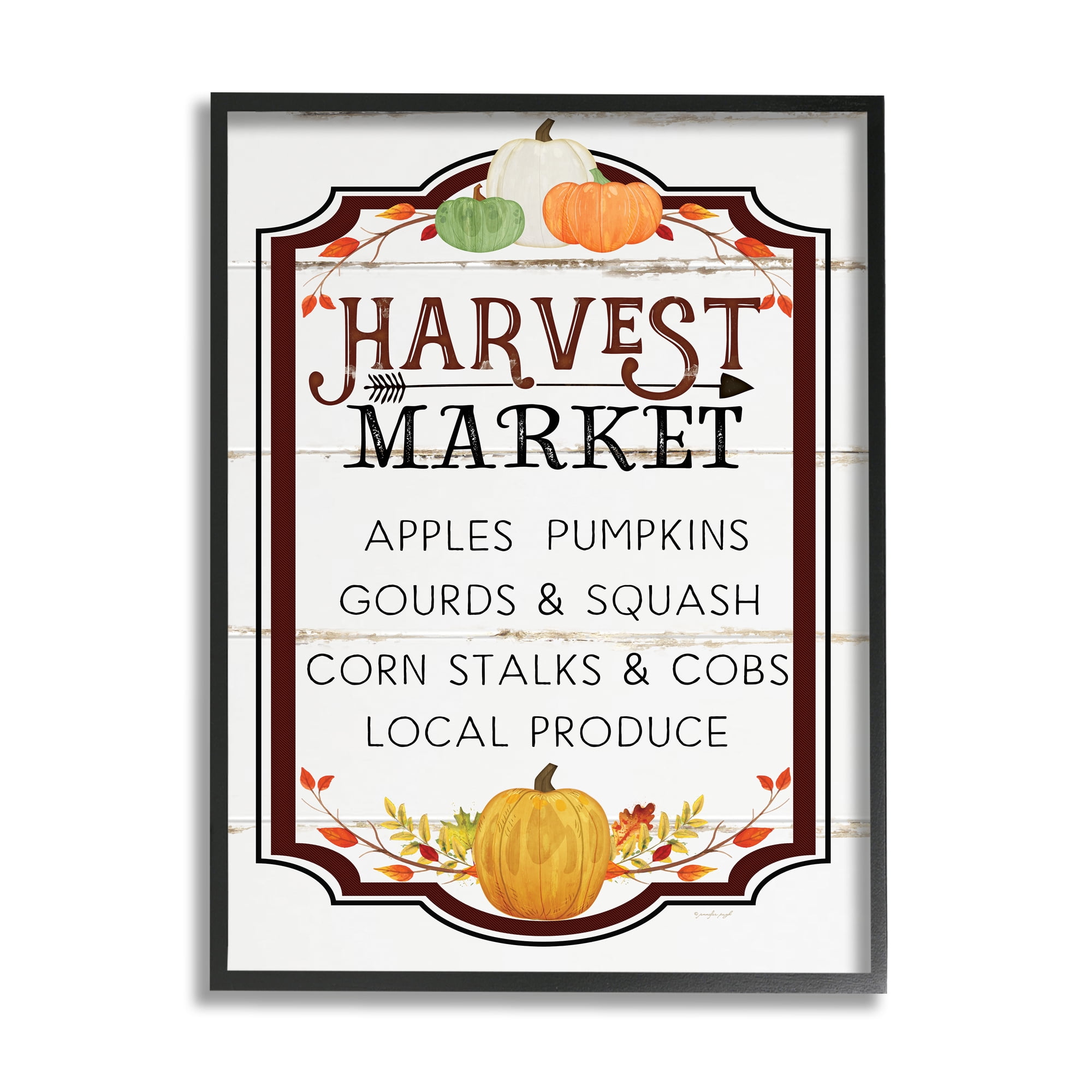 Stupell Industries Harvest Market Sign Autumn Seasonal Farm Foods Graphic Art Black Framed Art Print Wall Art, 16x20, by Jennifer Pugh
