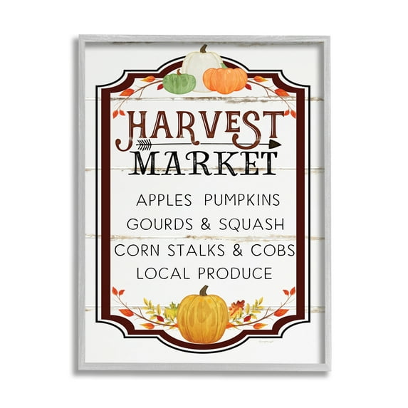 Stupell Industries Harvest Market Sign Autumn Seasonal Farm Foods Graphic Art Gray Framed Art Print Wall Art, 24x30, by Jennifer Pugh