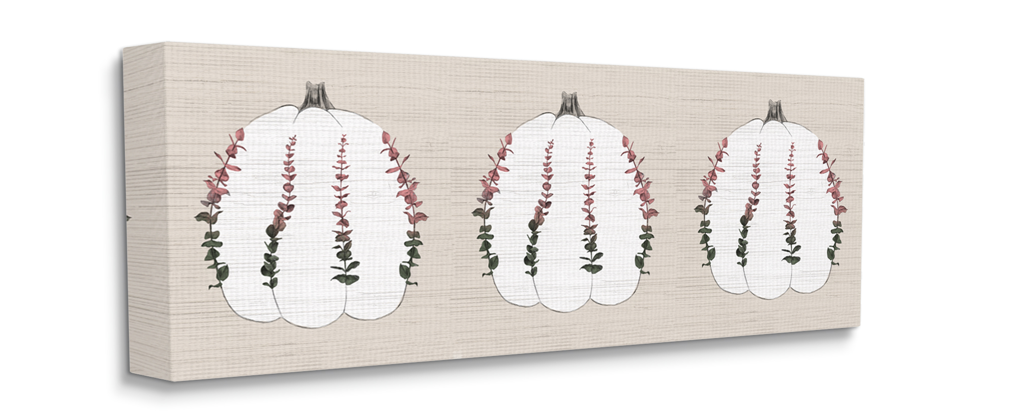 Stupell Industries Harvest Pumpkin Trio Eucalyptus over Beige Canvas Wall Art, 17 x 40, Design by Daphne Polselli