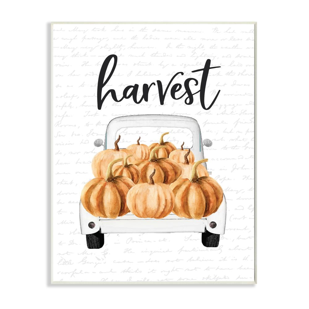 Stupell Industries Harvest Pumpkin Truck Autumn Fall Seasonal Design Wood Wall Art By Artist Lettered and Lined