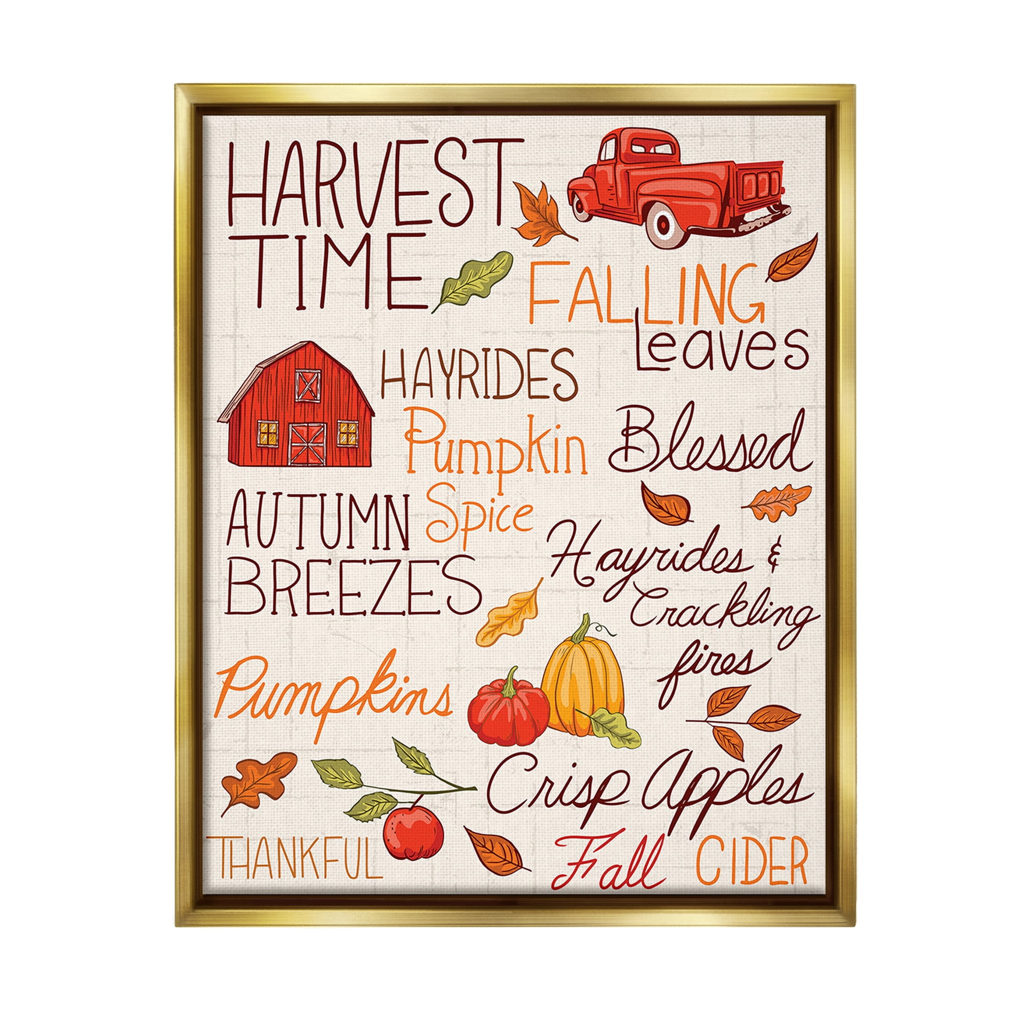 Stupell Industries Harvest Time Phrases Holiday Painting Gold Floater Framed Canvas Art Print Wall Art, 17 x 21