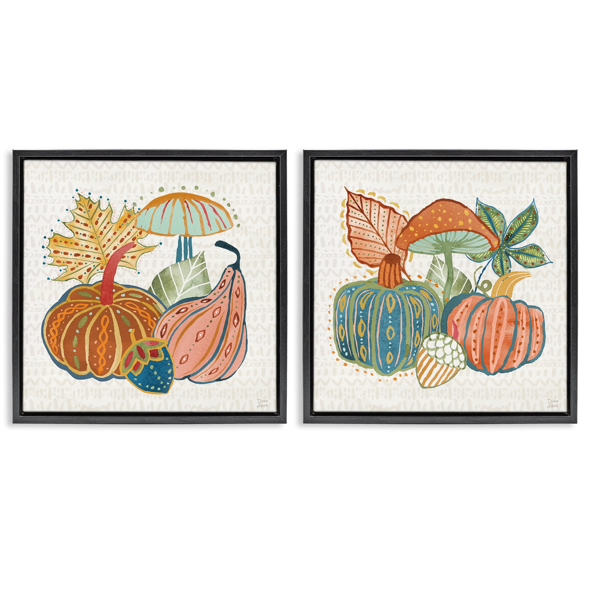 Stupell Industries Harvest Whimsy Gourd Collection Holiday Painting Black Floater Framed Canvas Art Print Wall Art, 18 x 18, Set of 2