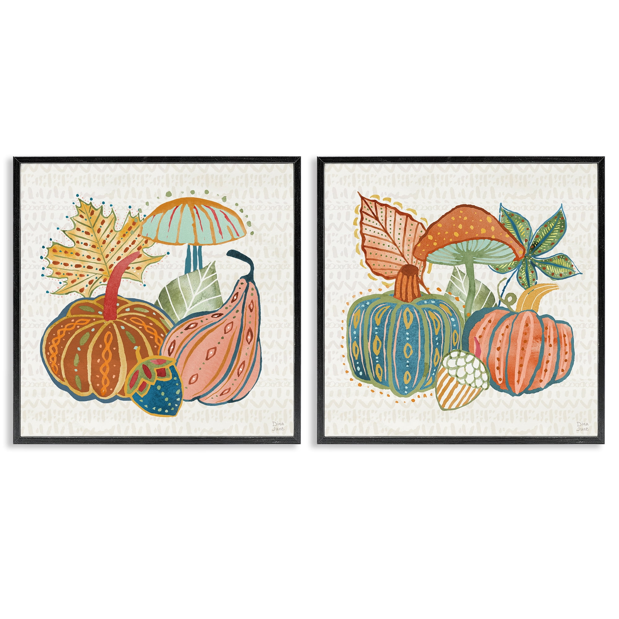 Stupell Industries Harvest Whimsy Gourd Collection Holiday Painting Black Framed Art Print Wall Art, 24 x 24, Set of 2