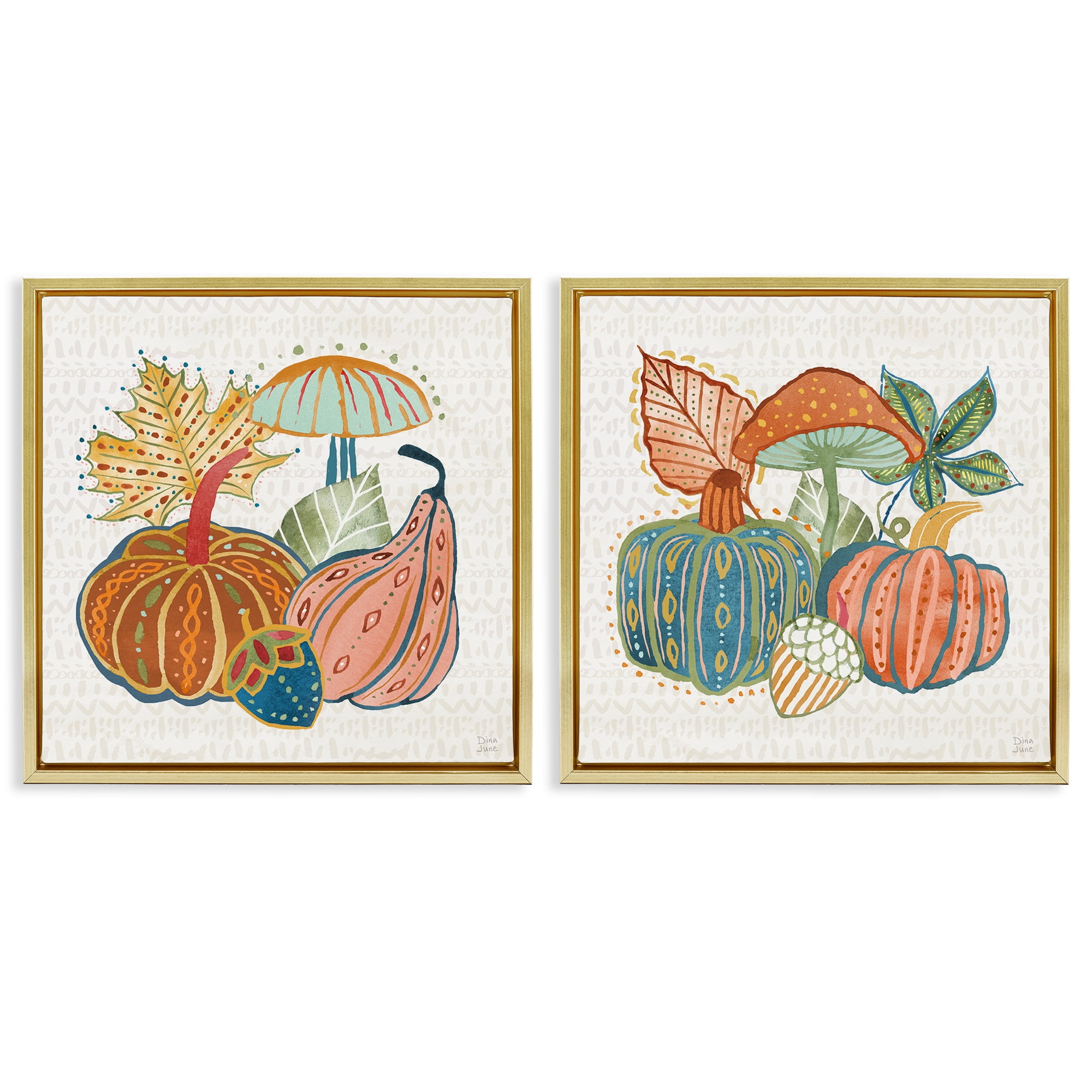Stupell Industries Harvest Whimsy Gourd Collection Holiday Painting Gold Floater Framed Canvas Art Print Wall Art, 18 x 18, Set of 2