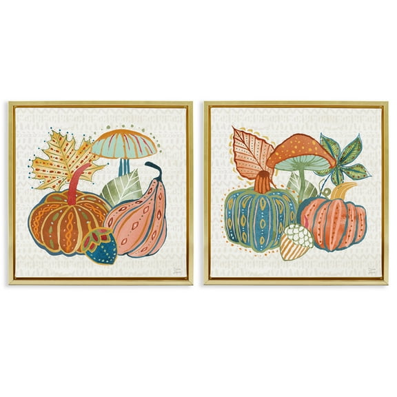Stupell Industries Harvest Whimsy Gourd Collection Holiday Painting Gold Floater Framed Canvas Art Print Wall Art, 18 x 18, Set of 2