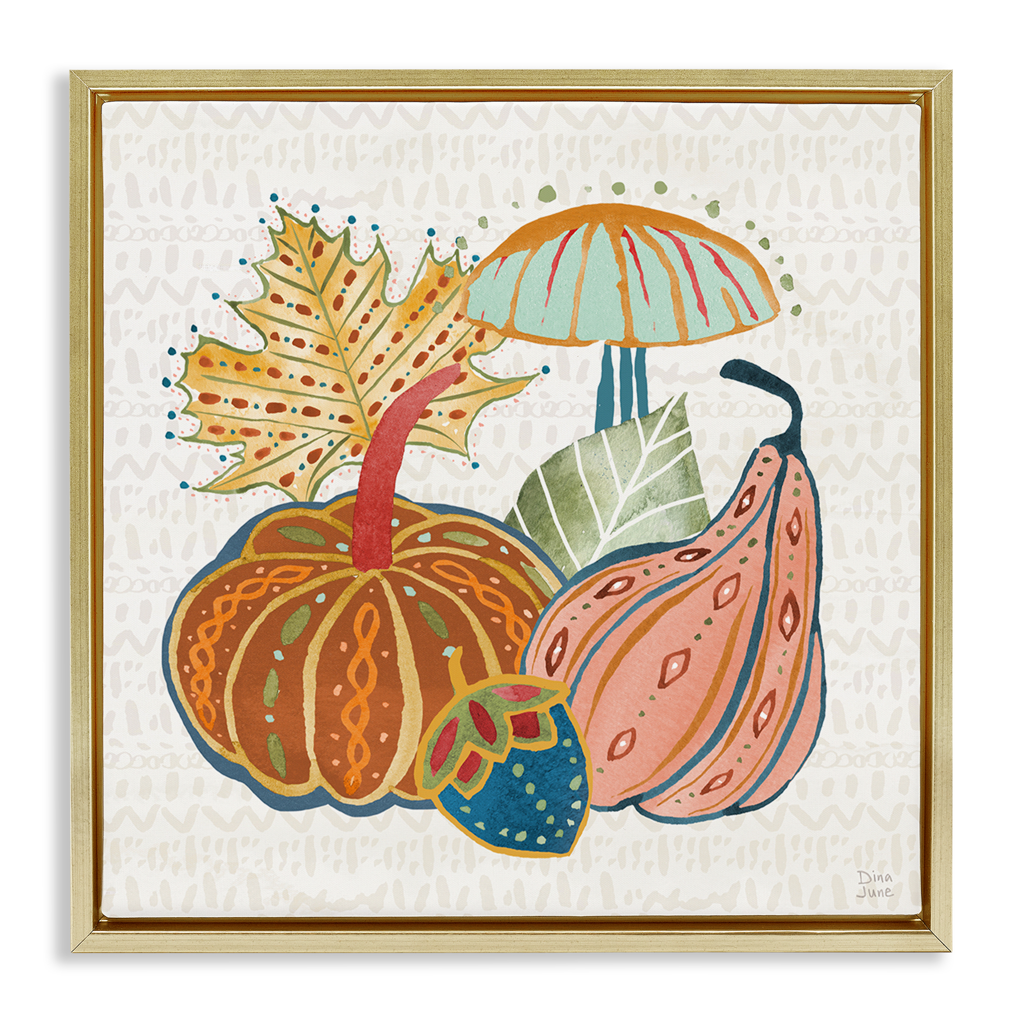 Stupell Industries Harvest Whimsy Gourds Holiday Painting Gold Floater Framed Canvas Art Prints Wall Art, 18 x 18