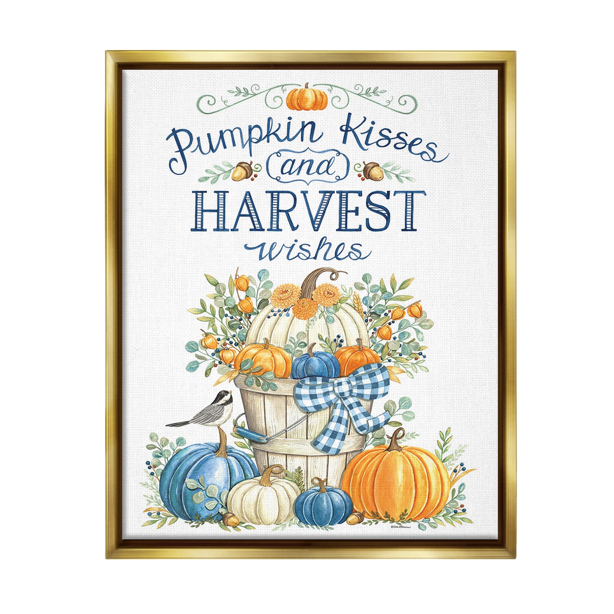 Stupell Industries Harvest Wishes Pumpkins Holiday Painting Gold Floater Framed Canvas Art Print Wall Art, 25 x 31