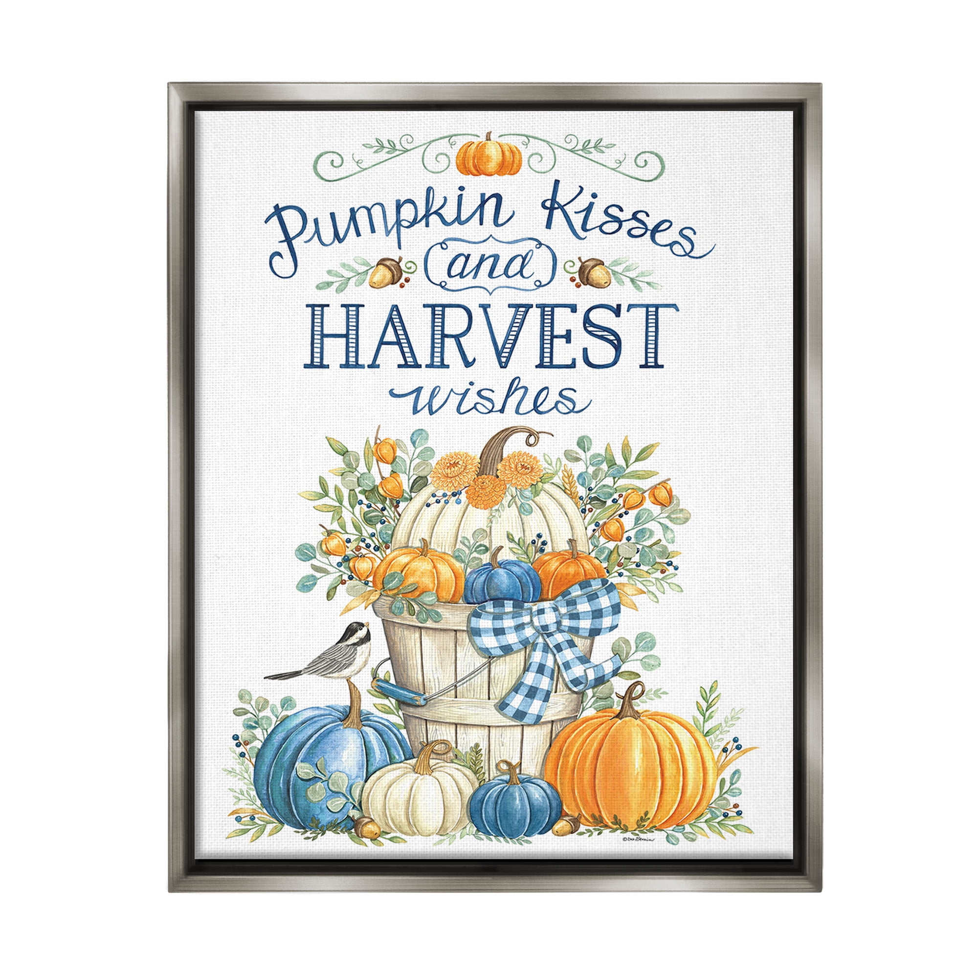 Stupell Industries Harvest Wishes Pumpkins Holiday Painting Gray Floater Framed Canvas Art Print Wall Art, 25 x 31