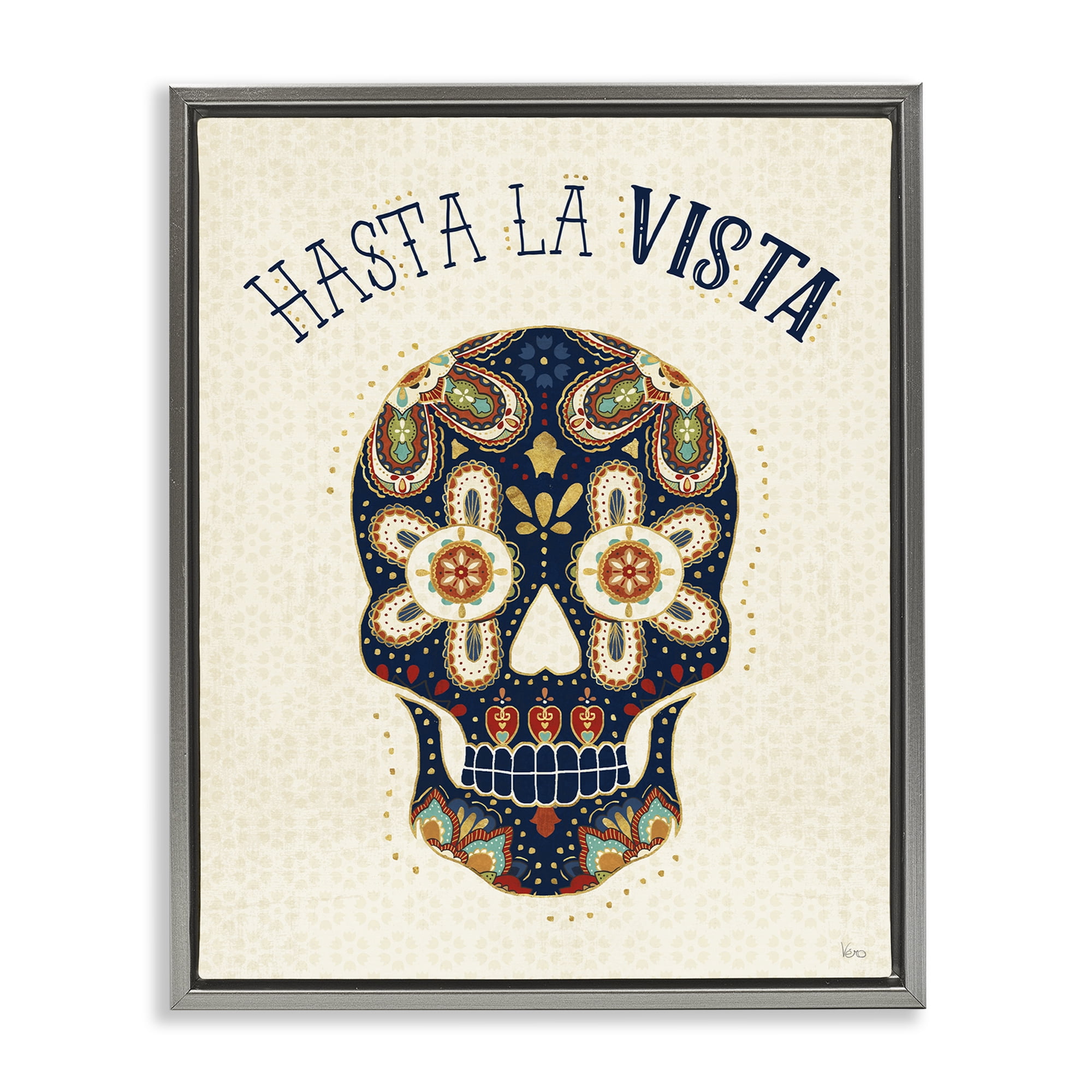 Stupell Industries Hasta la Vista Calavera Inspirational Quotes & Sayings Painting Gray Floater Framed Art Print Wall Art, 17 x 21