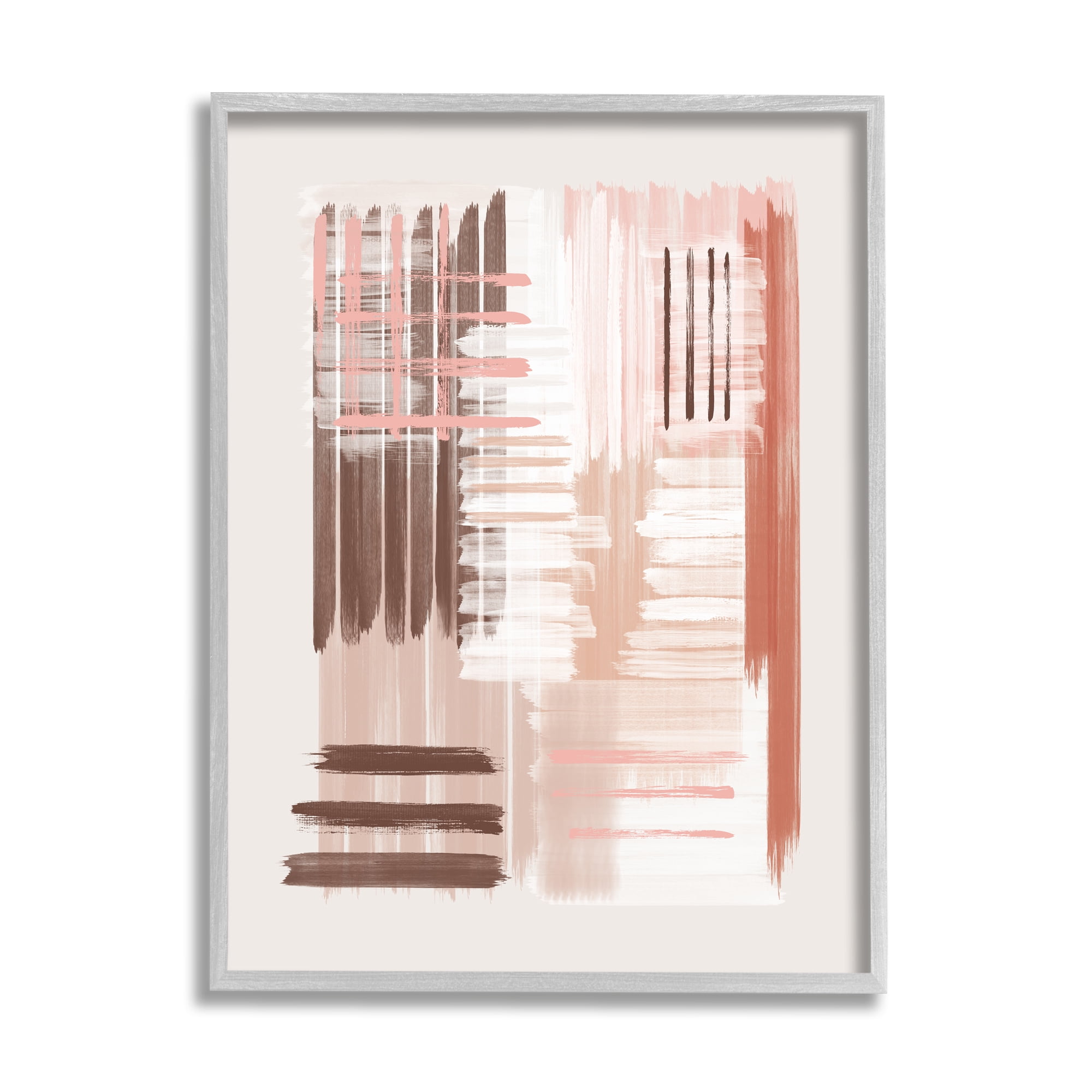 Stupell Industries Hatched Pink & Brown Composition Abstract Painting Gray Framed Art Print Wall Art, 11 x 14