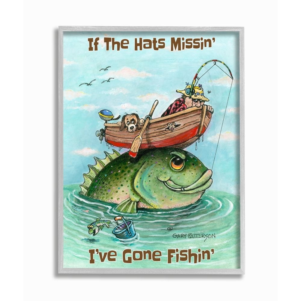 Stupell Industries Hats Missing Gone Fishing Funny Sports Cartoon Design Framed Wall Art by Gary Patterson