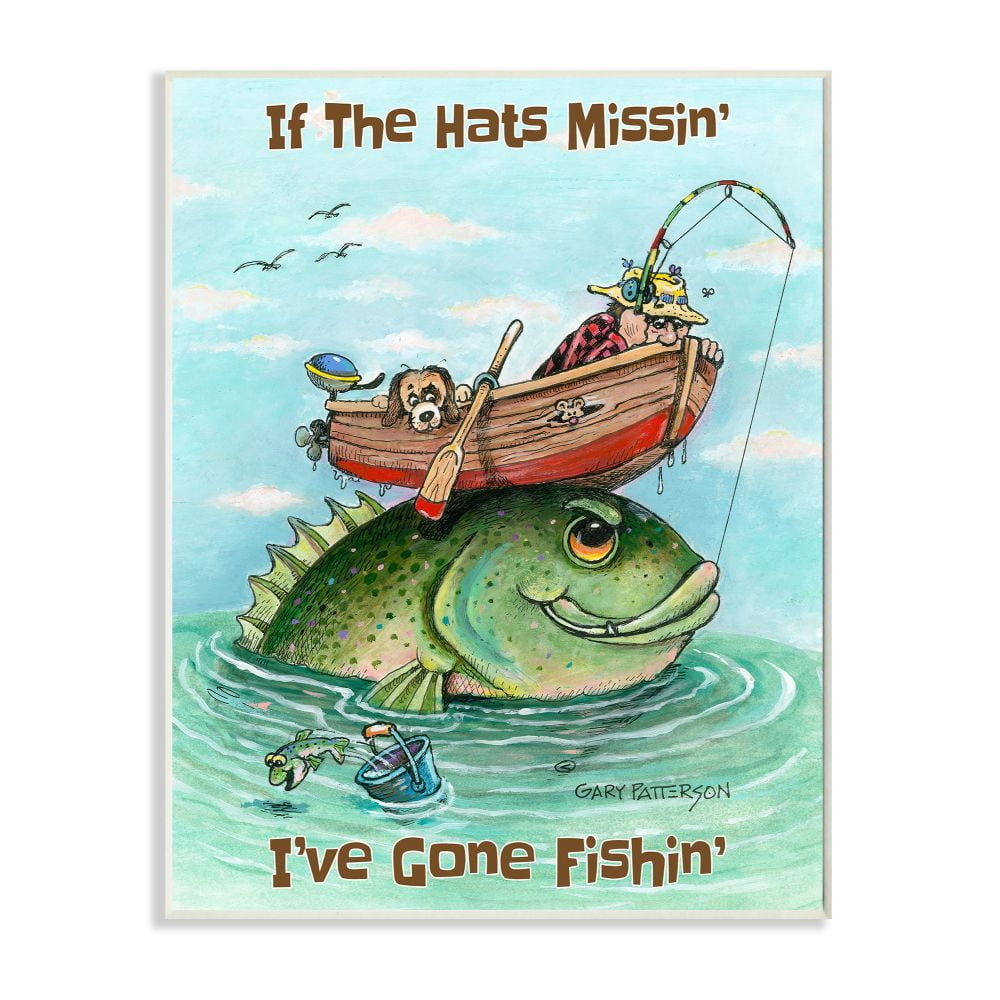 Stupell Industries Hats Missing Gone Fishing Funny Sports Cartoon Design Sports Painting Unframed Art Print Wall Art, 13 x 19