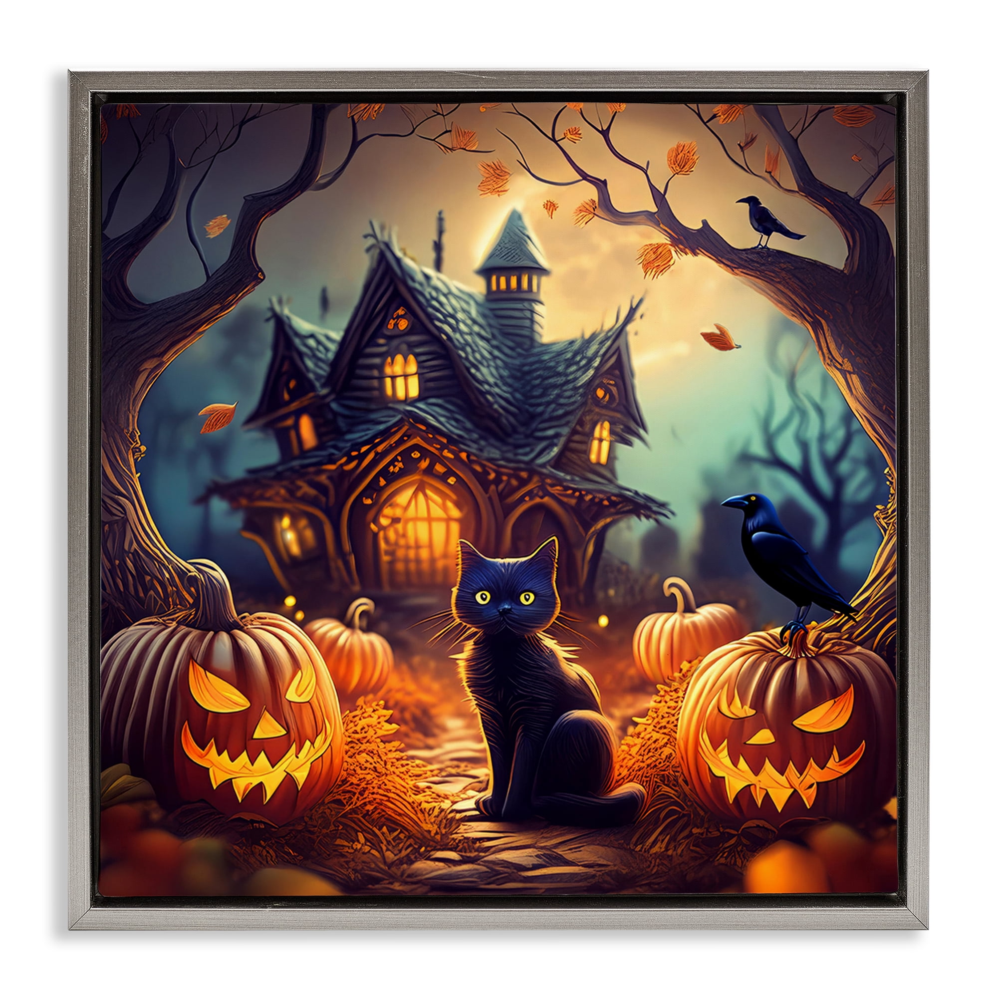 Stupell Industries Haunted House & Black Cat Holiday Painting Gray Floater Framed Canvas Art Print Wall Art, 25 x 25