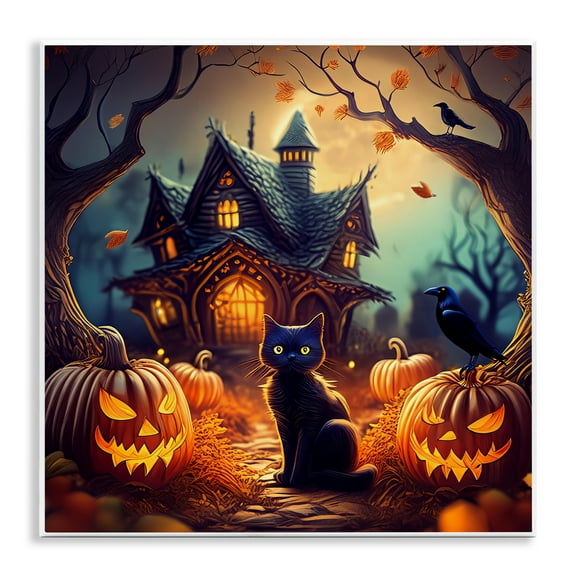 Stupell Industries Haunted House & Black Cat Holiday Painting Unframed Art Print Wall Art, 12 x 12
