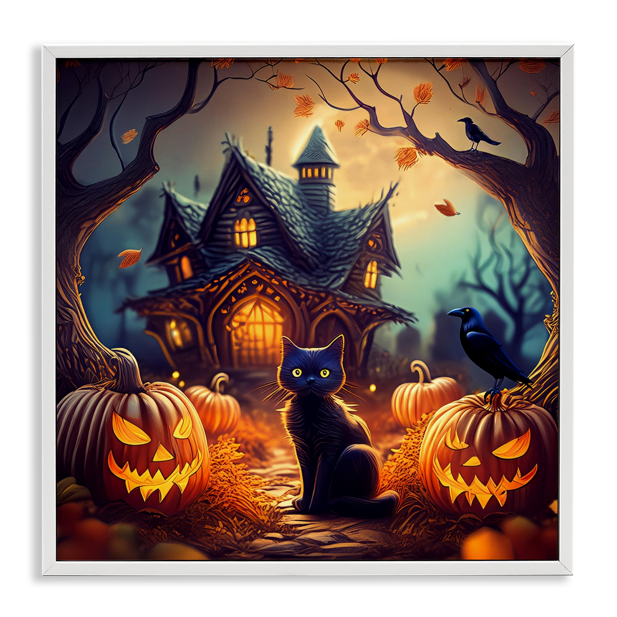 Stupell Industries Haunted House & Black Cat Holiday Painting White Framed Art Print Wall Art, 12 x 12