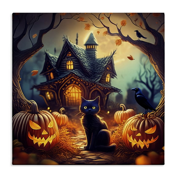 Stupell Industries Haunted House & Black Cat Holiday Painting Wrapped Canvas Art Print Wall Art, 30 x 30