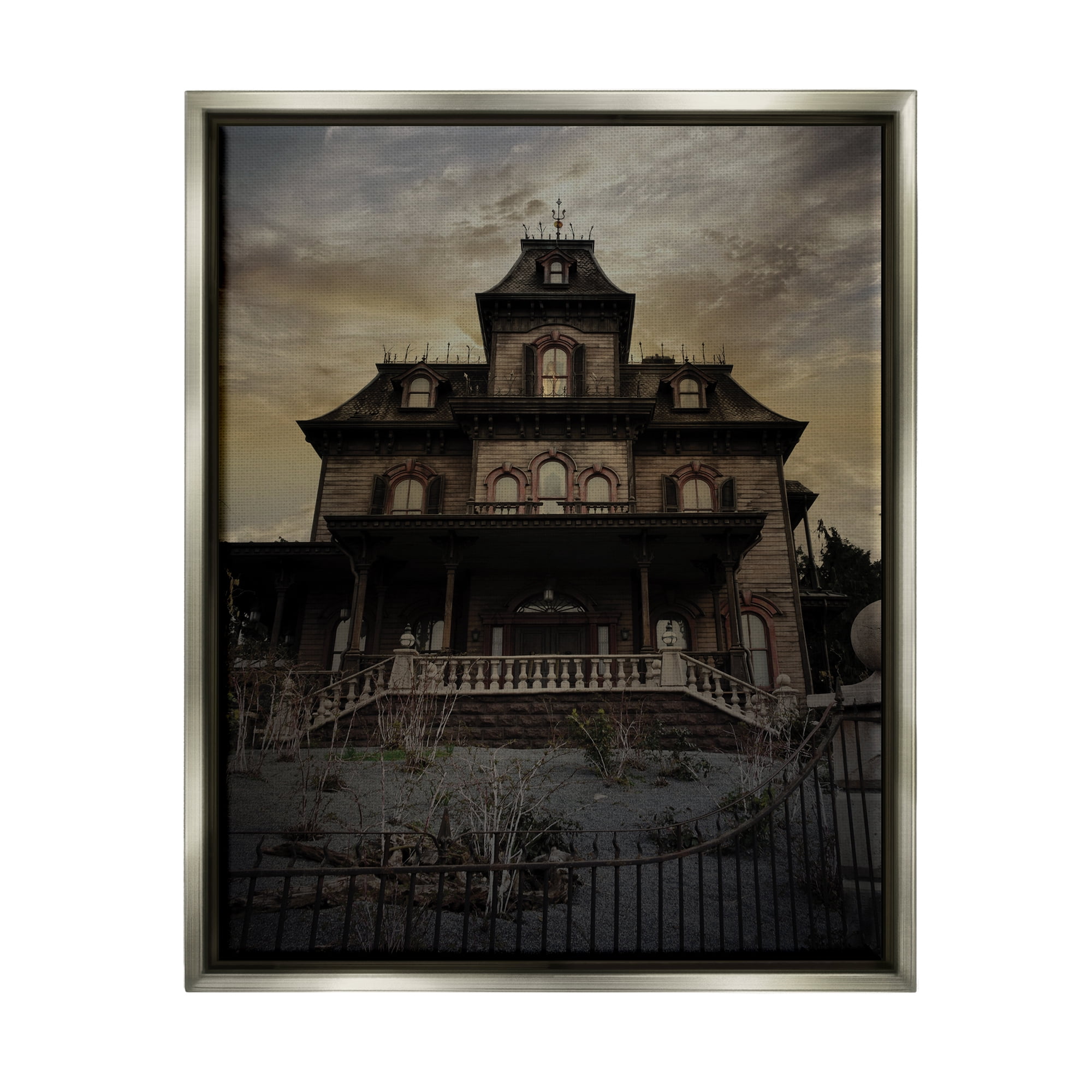 Stupell Industries Haunted House Landscape Nature Painting Gray Floater Framed Art Print Wall Art, 25 x 31