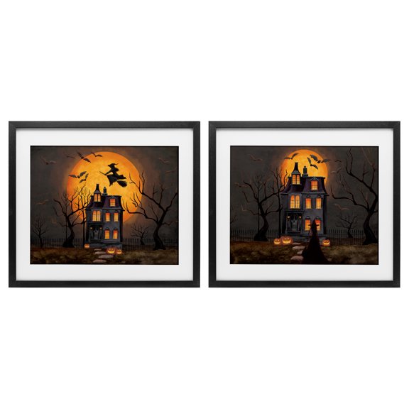 Stupell Industries Haunted Houses with Moon 2 Piece Black Framed Print Under Glass Set design by Nicole Tamarin, 13 x 16