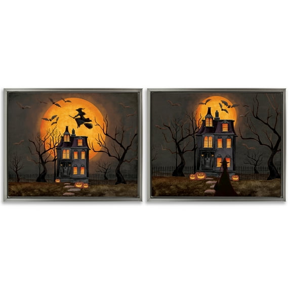 Stupell Industries Haunted Houses with Moon 2 Piece Gray Framed Floater Canvas Set design by Nicole Tamarin, 25 x 31