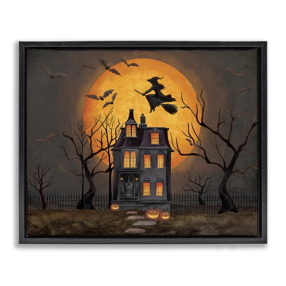 Stupell Industries Haunted Night Mansion Black Framed Floater Canvas Wall Art design by Nicole Tamarin, 17 x 21